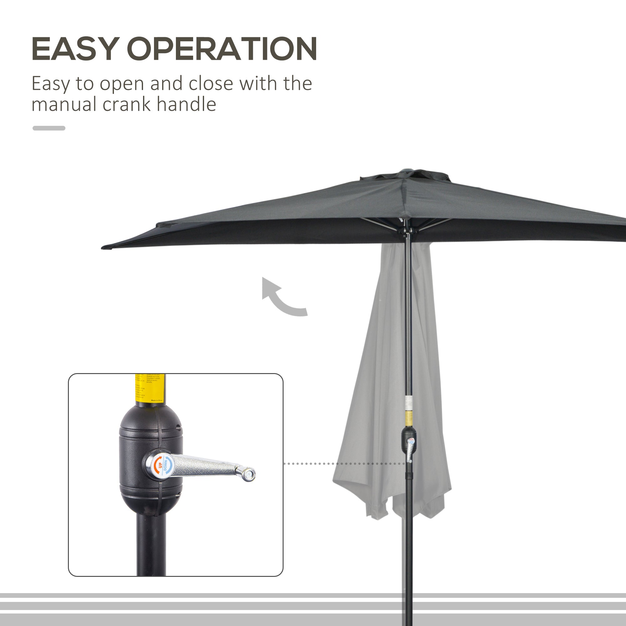 Outsunny 3(m) Half Parasol Semi Round Umbrella Patio Metal Frame Crank Handle for Balcony-- NO BASE INCLUDED, Black - North Peak Garden Furniture