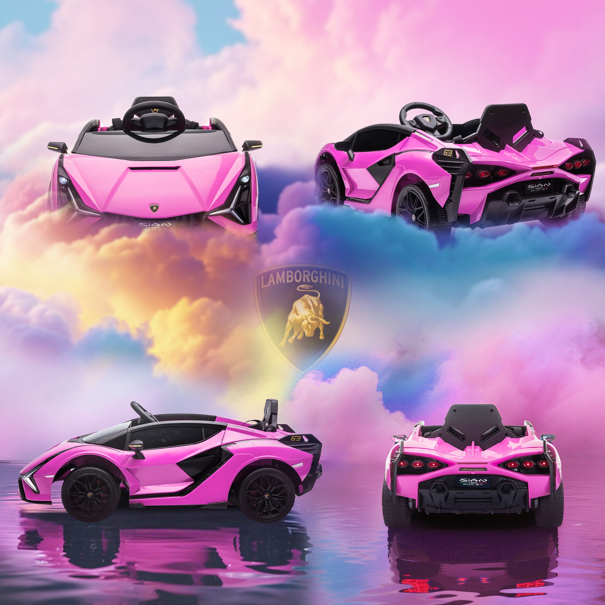 HOMCOM Lamborghini Sian Licensed 12V Kids Electric Ride On Car 2 Motors Toy Car with Remote Control Music Lights MP3 for 3-5 Years Pink
