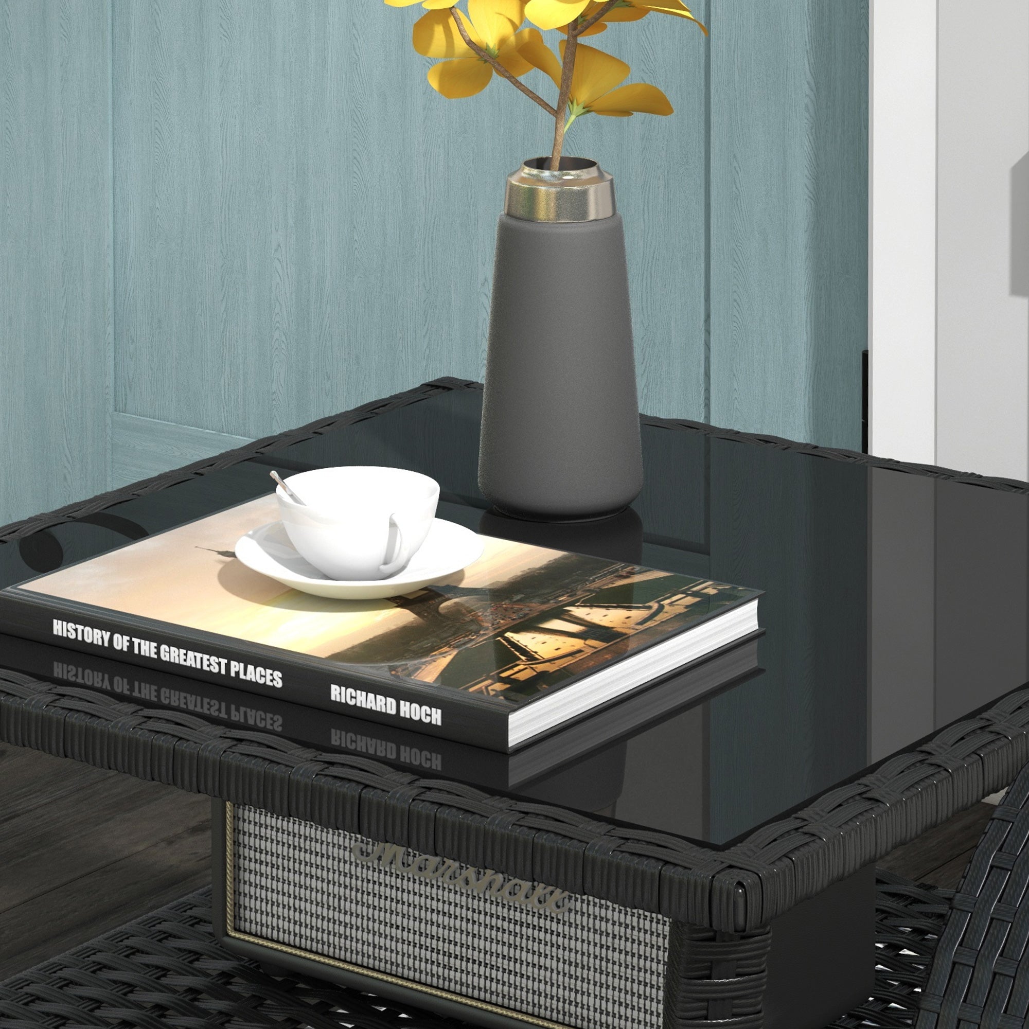 Outsunny Two-tier PE Rattan Square Coffee Table - Black - North Peak Garden Furniture
