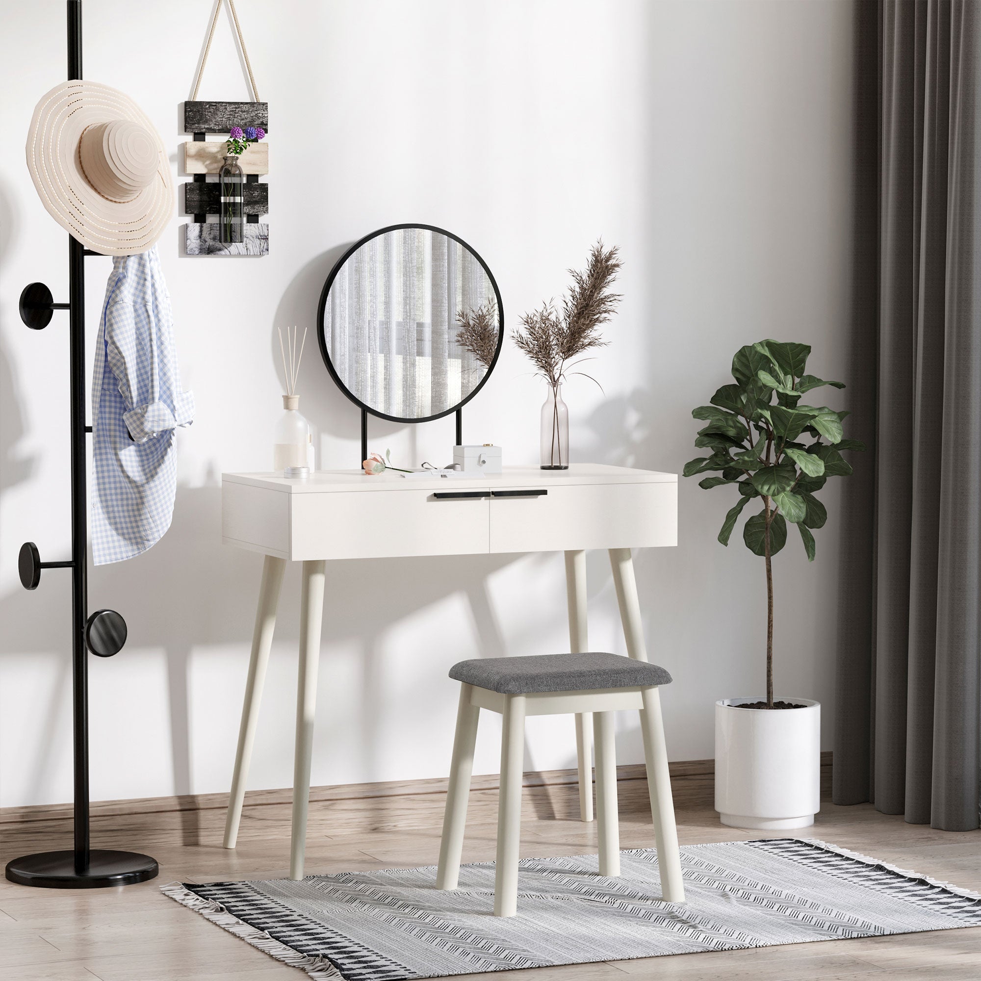 HOMCOM Dressing Table with Mirror and Stool, Vanity Makeup Desk Set with 2 Drawers, Cushioned Stool and Make-up Organizer for Bedroom and Dressing Room, White - North Peak Garden Furniture