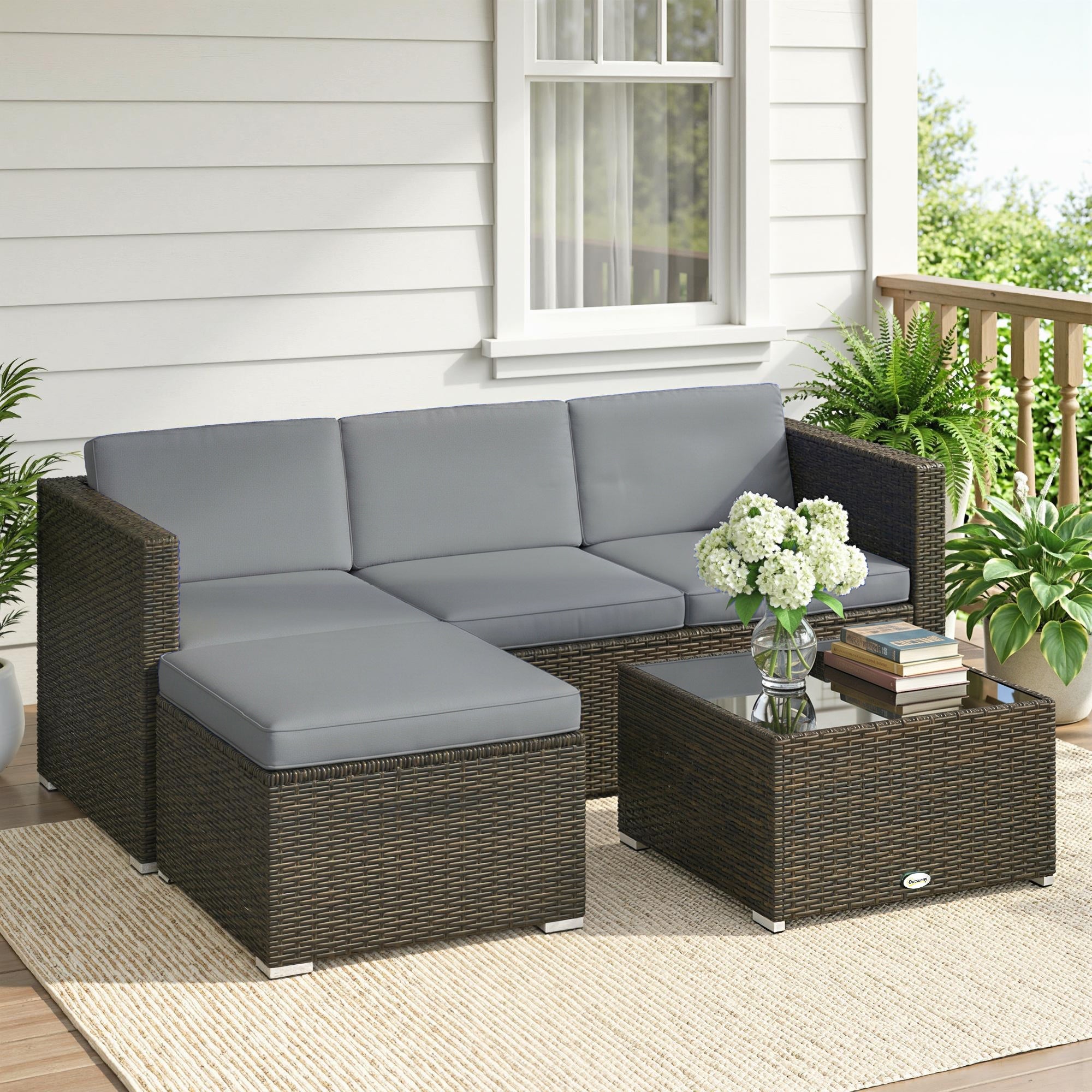 Outsunny 3 Pieces Garden Furniture Set w/ Cushions, PE Rattan Wicker Conversation Corner Sofa Set, Light Grey