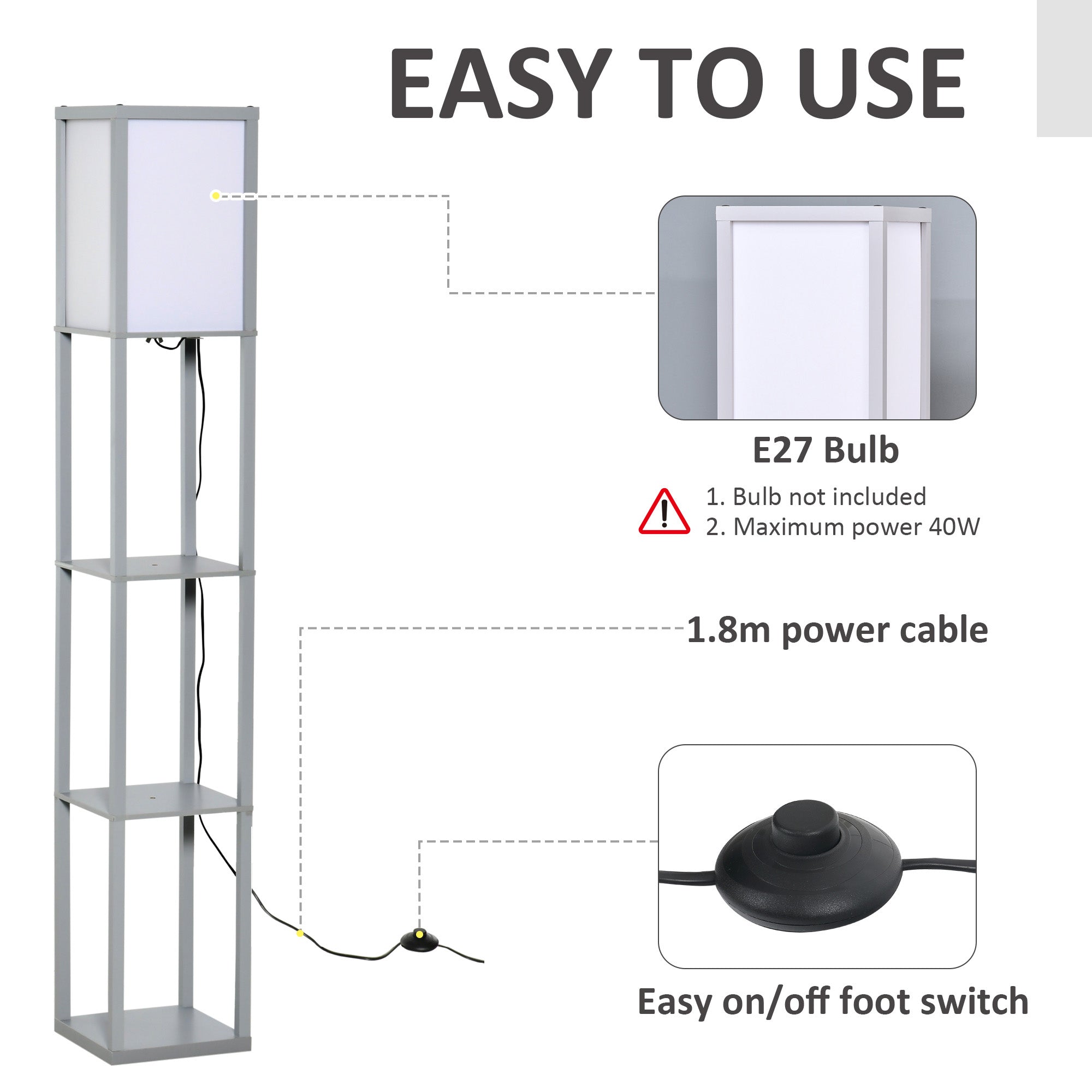 HOMCOM 3-Tier Floor Lamp, Floor Light with Storage Shelf, Reading Standing Lamp for Living Room, Bedroom, Kitchen, Dining Room, Office, Dorm, 160cm, Grey - North Peak Garden Furniture