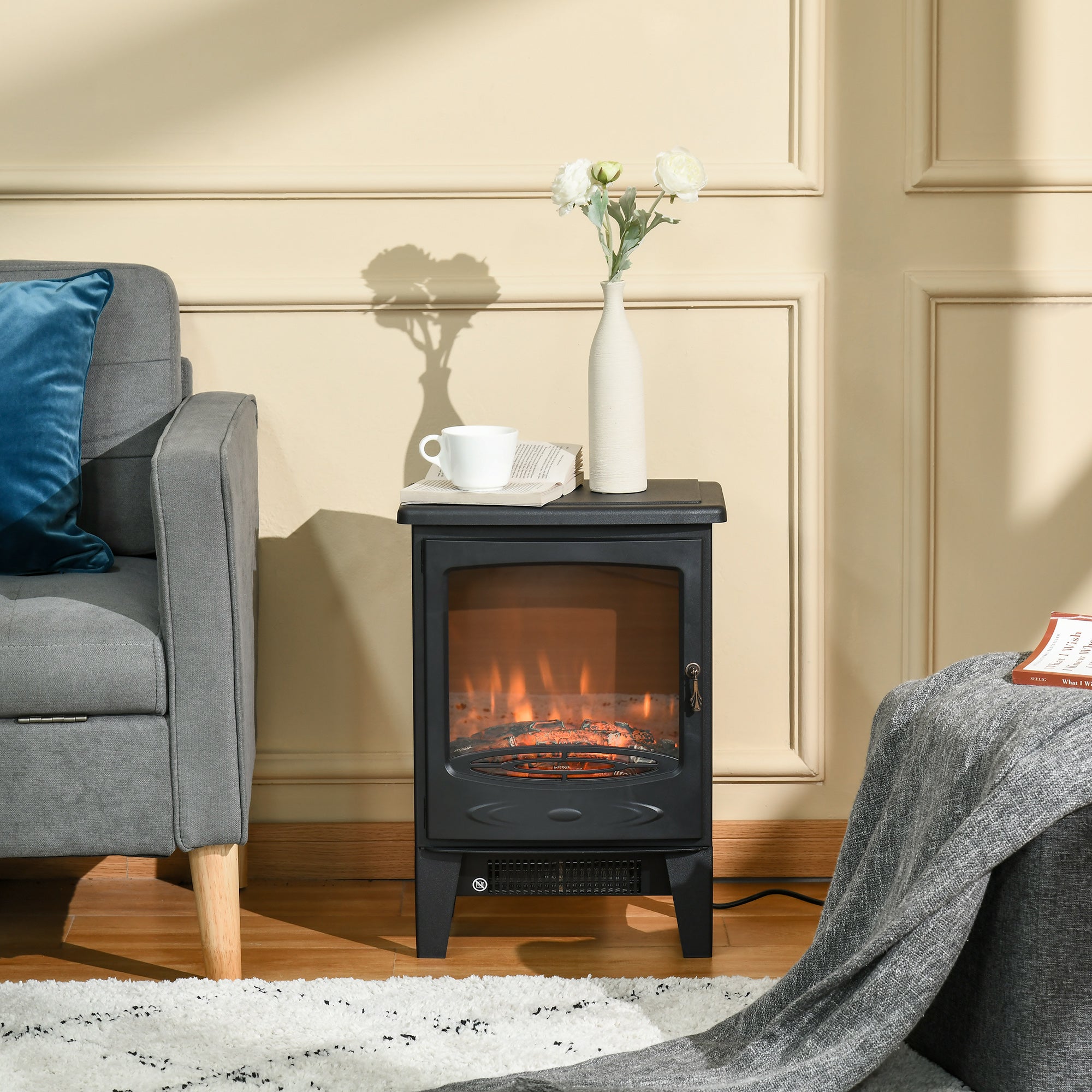 HOMCOM Electric Fireplace Stove, Free standing Fireplace Heater with Realistic LED Flame Effect, Overheat Safety Protection, 900W/1800W, Black - North Peak Garden Furniture