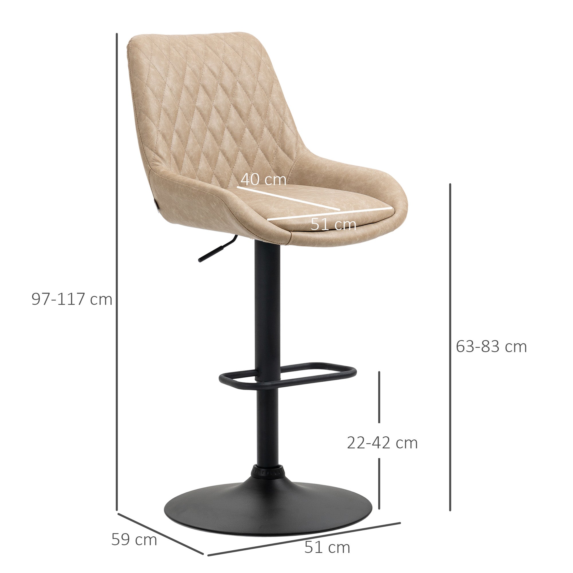 HOMCOM Retro Bar Stools Set of 2, Adjustable Kitchen Stool, Upholstered Bar Chairs with Back, Swivel Seat, Light Khaki - North Peak Garden Furniture