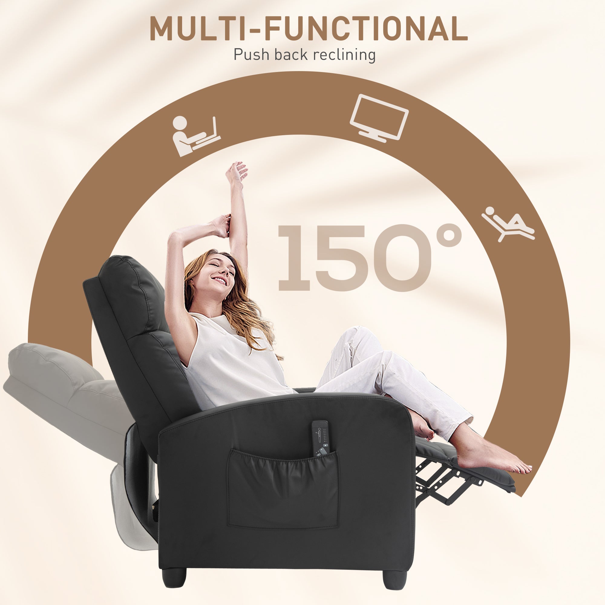 HOMCOM Recliner Armchair, Massage Faux Leather Push Back Reclining Chair with Adjustable Leg Rest, Side Pocket, for Home Living Room Theatre, Black - North Peak Garden Furniture