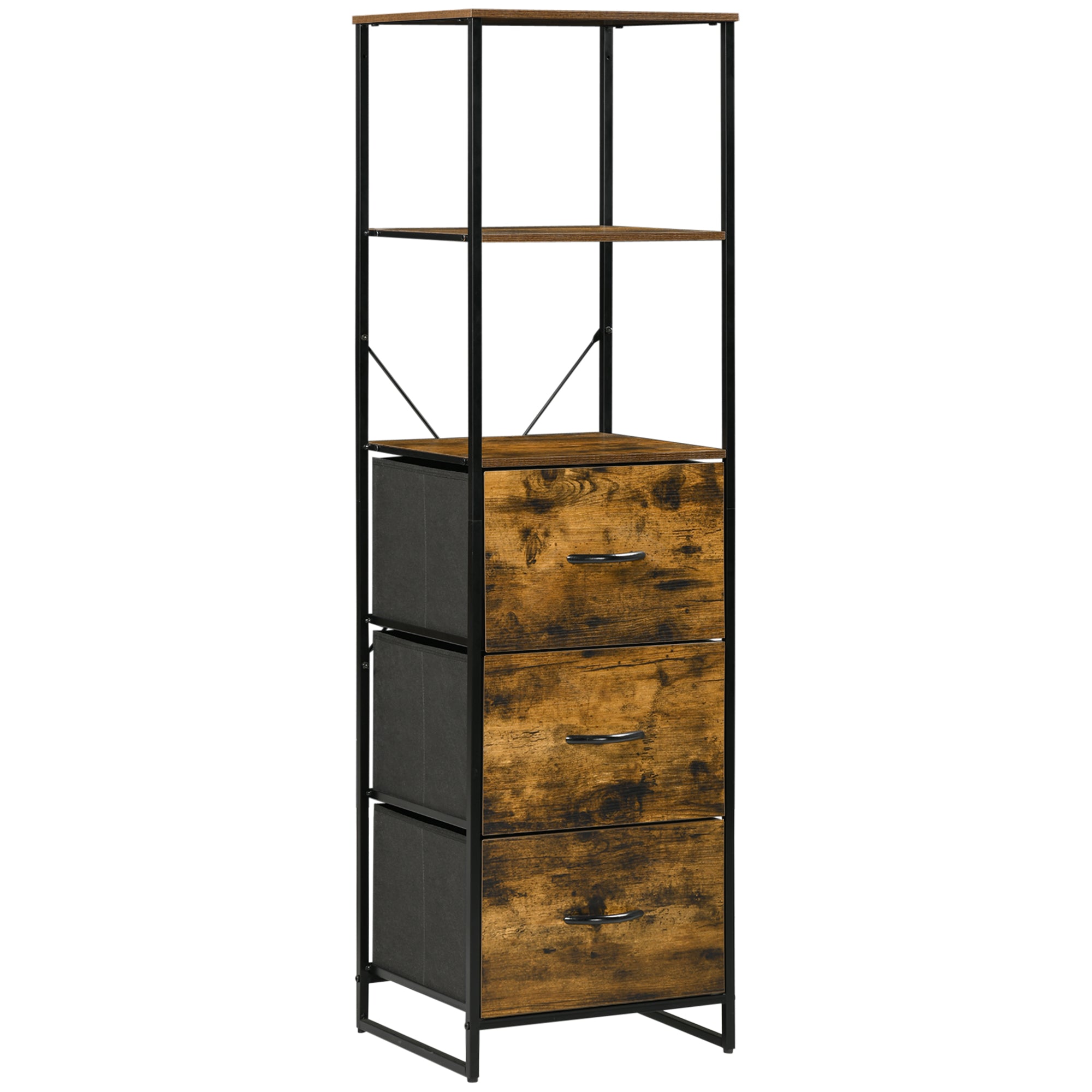 HOMCOM Industrial Storage Cabinet with 2 Open Shelves and 3 Foldable Fabric Drawers, Multifunctional Bookshelf in Living Room, Study, Bedroom, Rustic Brown - North Peak Garden Furniture