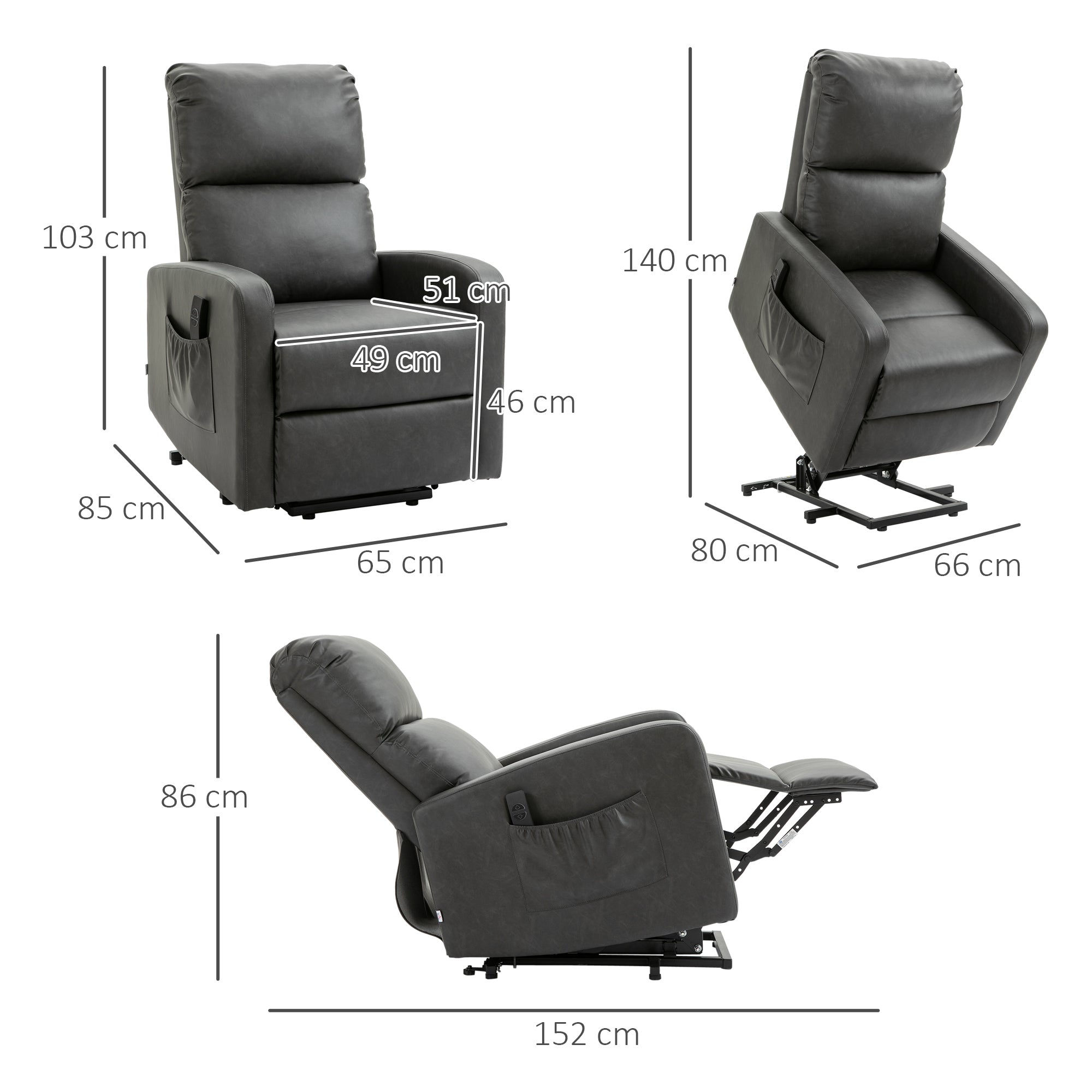 HOMCOM Riser and Recliner Chair for the Elderly, PU Leather Upholstered Lift Chair for Living Room with Remote Control, Side Pockets, Charcoal Grey - North Peak Garden Furniture