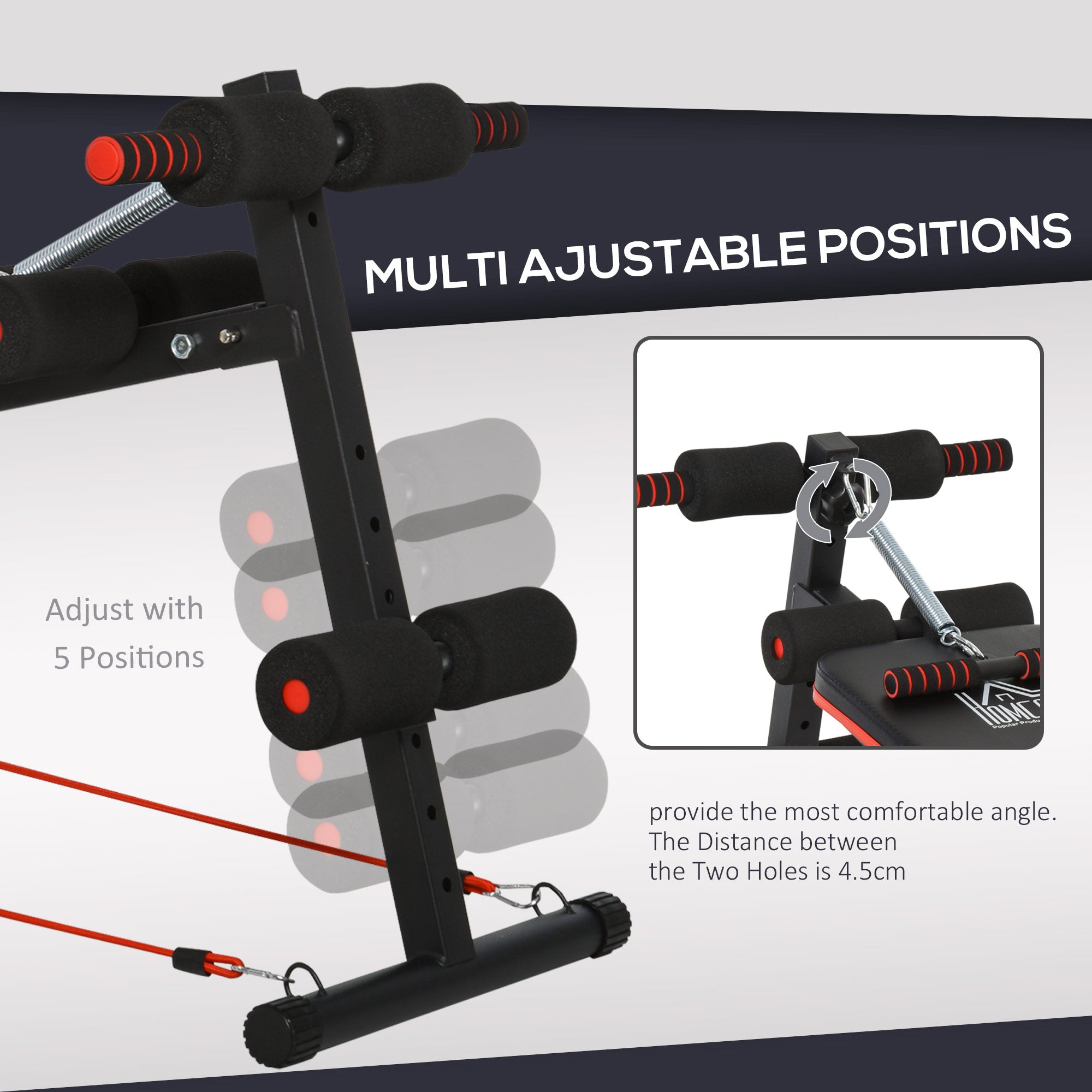 HOMCOM Sit Up Bench Core Workout Adjustable Thigh Support Foldable for Home Gym w/ Arm Pulling Rope Black - North Peak Garden Furniture