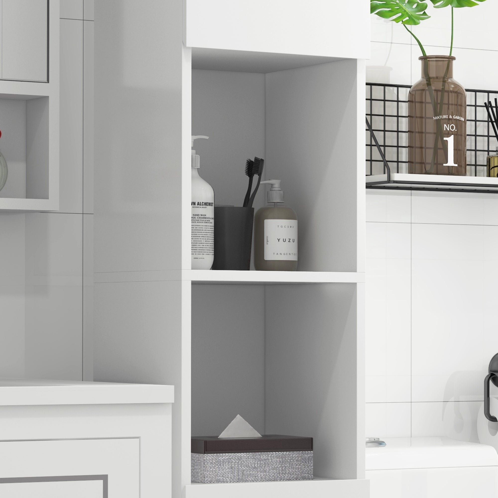 kleankin Freestanding Bathroom Cabinet, High Gloss Storage Cabinet with Doors and Adjustable Shelves, 30 x 30 x 181.5 cm, White - North Peak Garden Furniture