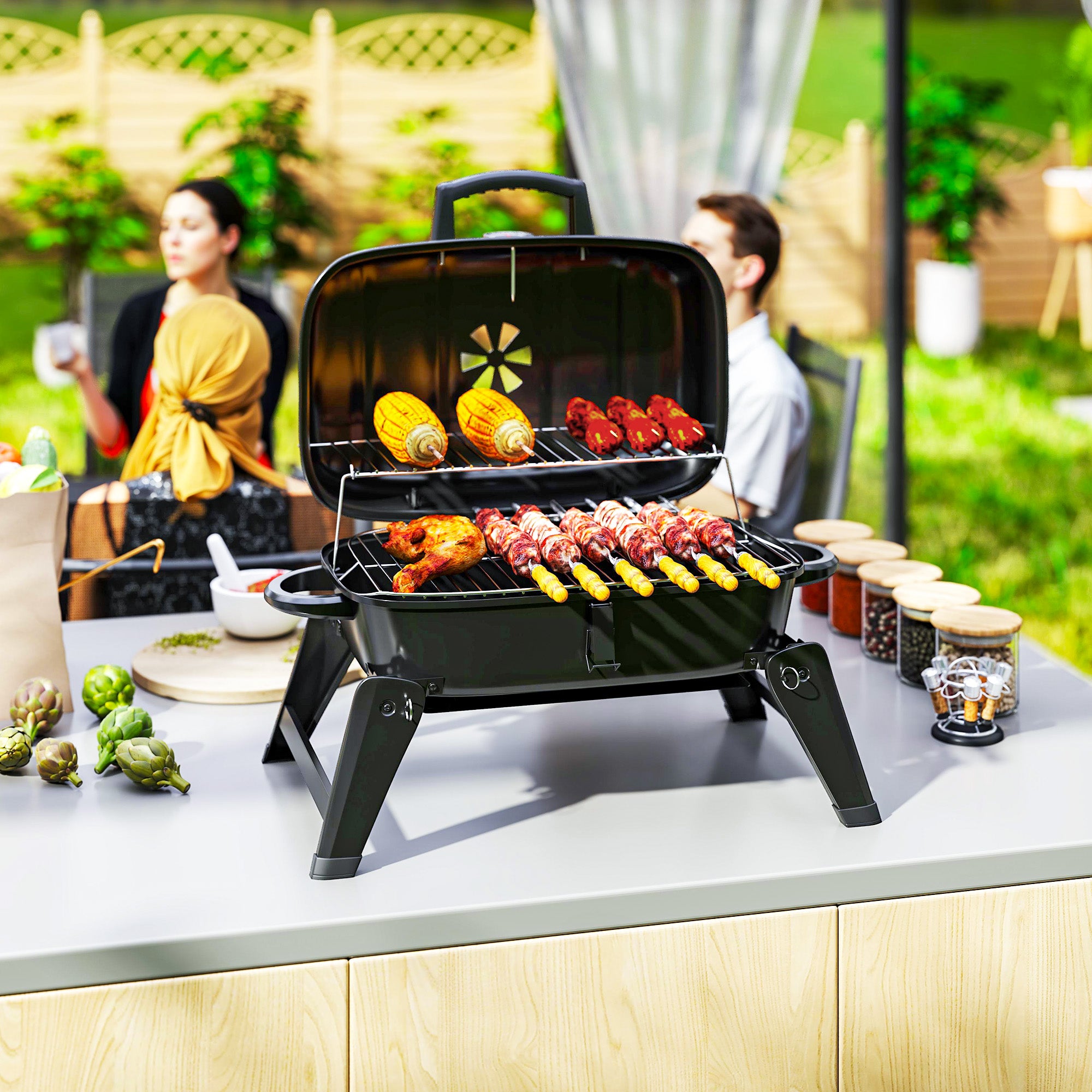 Outsunny Charcoal Barbecue Grill Folding BBQ Grill with 1232 cm² Cooking Area, Adjustable Vent, Thermometer, Handles for Camping Picnic, Black - North Peak Garden Furniture