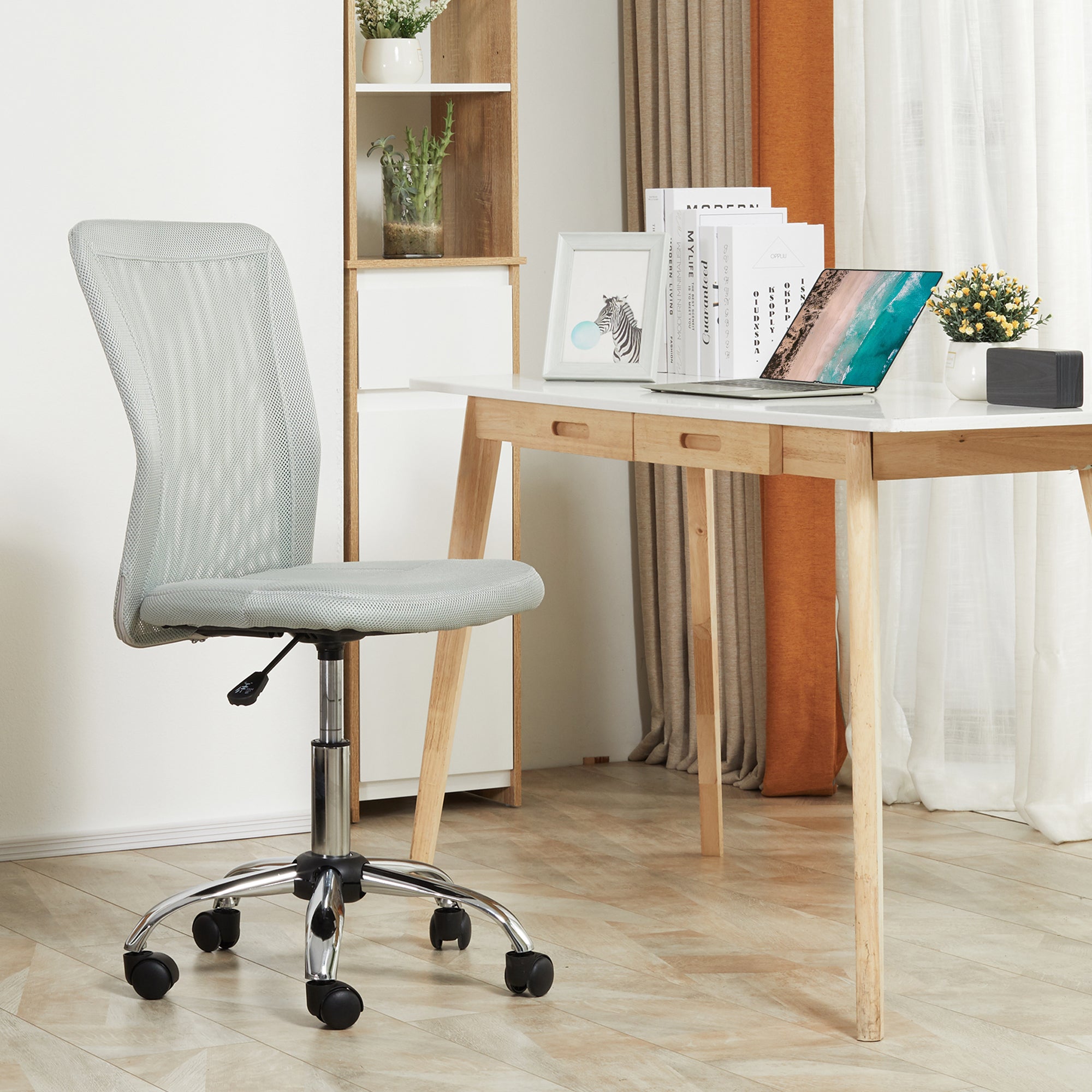 Vinsetto Office Chair, Armless Desk Chair, Adjustable Computer Swivel Chair with Rolling Wheels and Mesh Back for Home Work Study, Grey - North Peak Garden Furniture