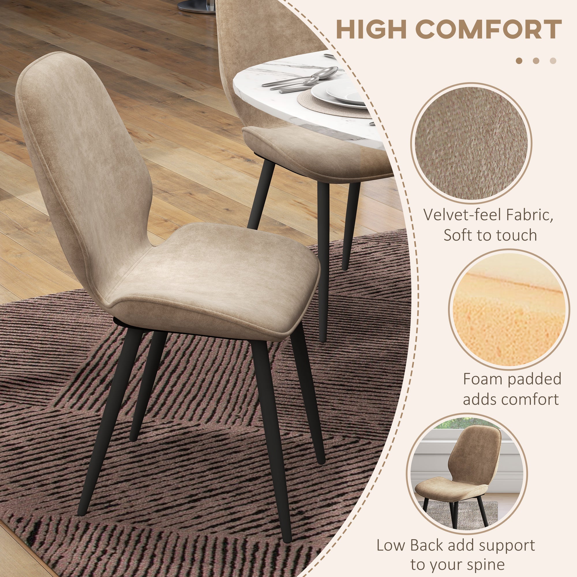 HOMCOM Velvet Dining Chairs, Set of 2 Dining Room Chairs with Metal Legs for Living Room, Dining Room, Light Brown - North Peak Garden Furniture