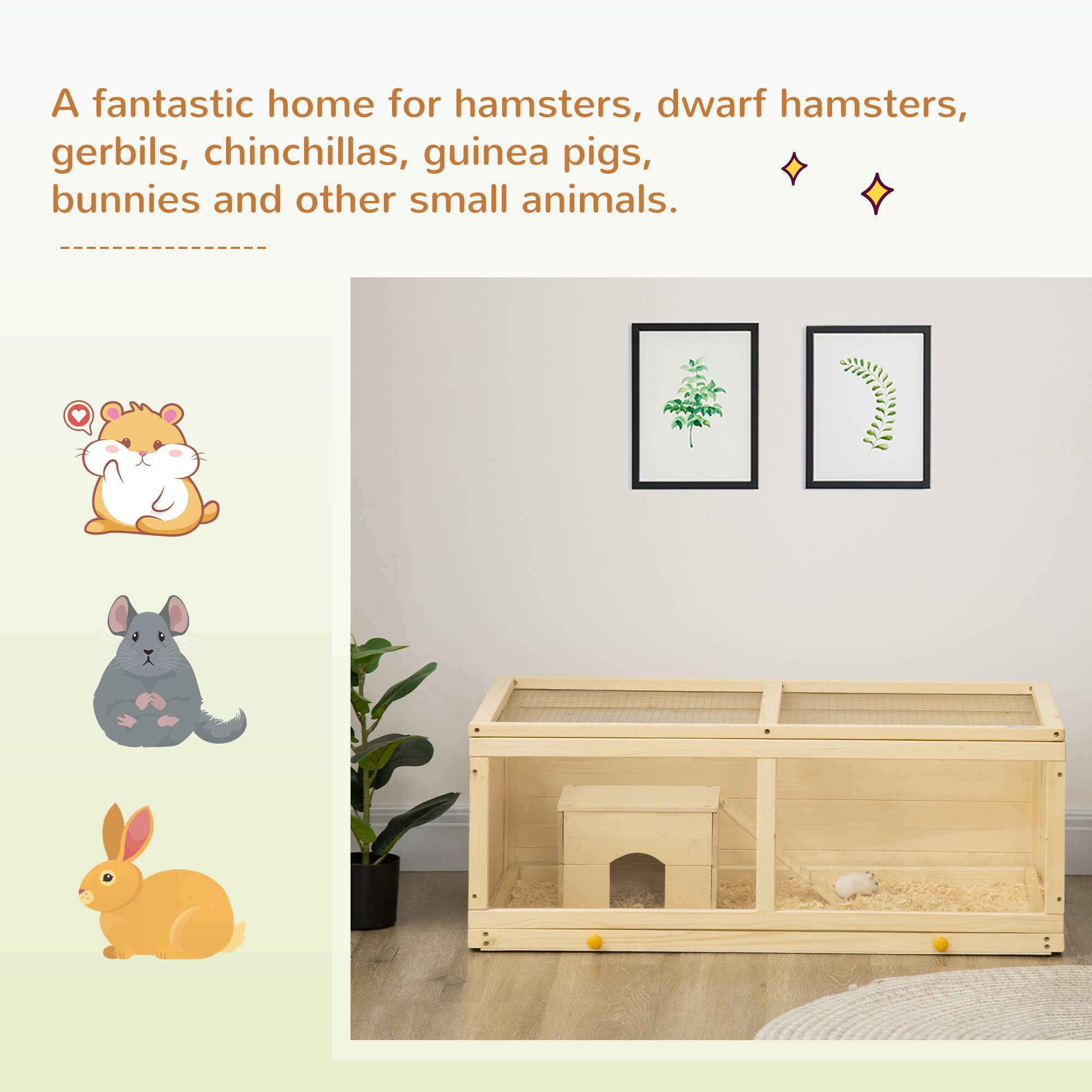 PawHut Wooden Hamster Cage with Sliding Tray, Openable Top, Hut for Syrian Hamsters, Natural Wood