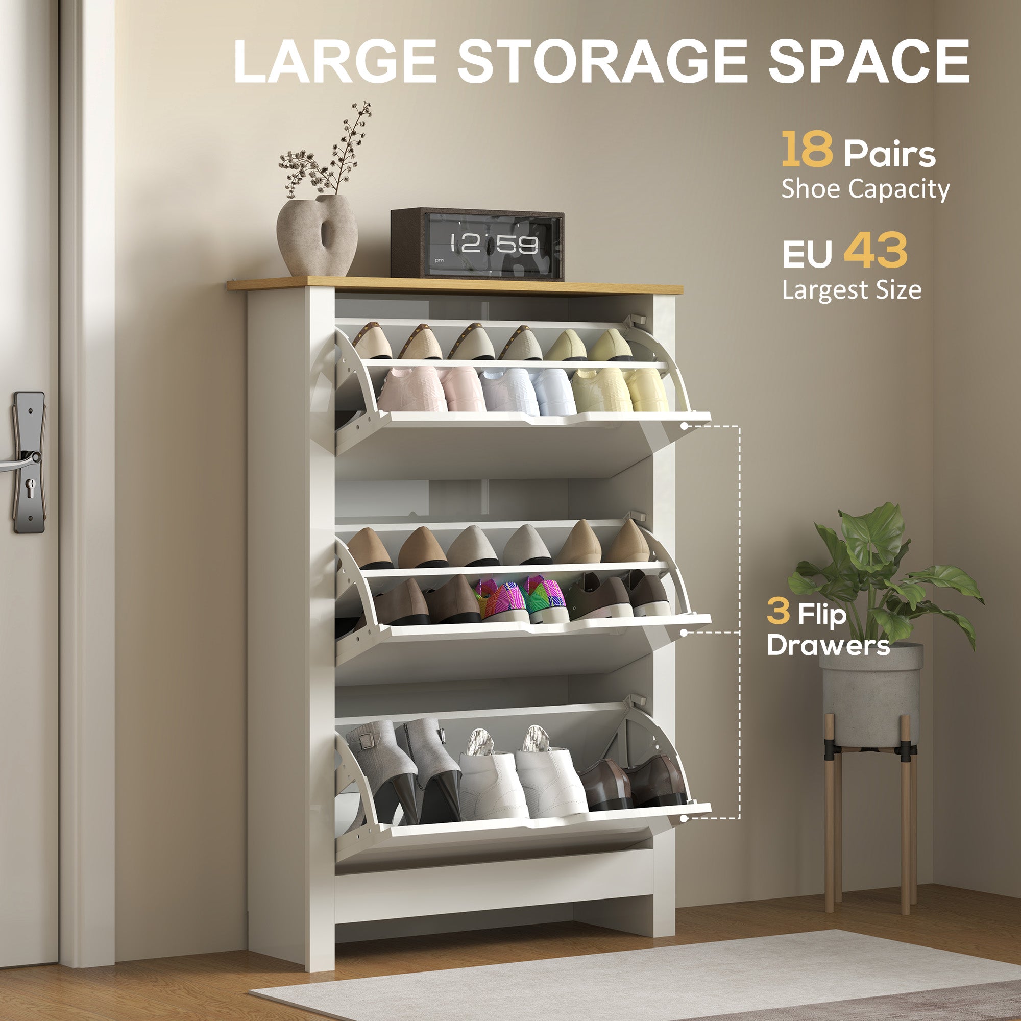 HOMCOM Slim Shoe Cabinet, Narrow Shoe Cupboard with 3 Flip Drawers, Adjustable Shelves for 18 Pairs of Shoes, High Gloss White - North Peak Garden Furniture