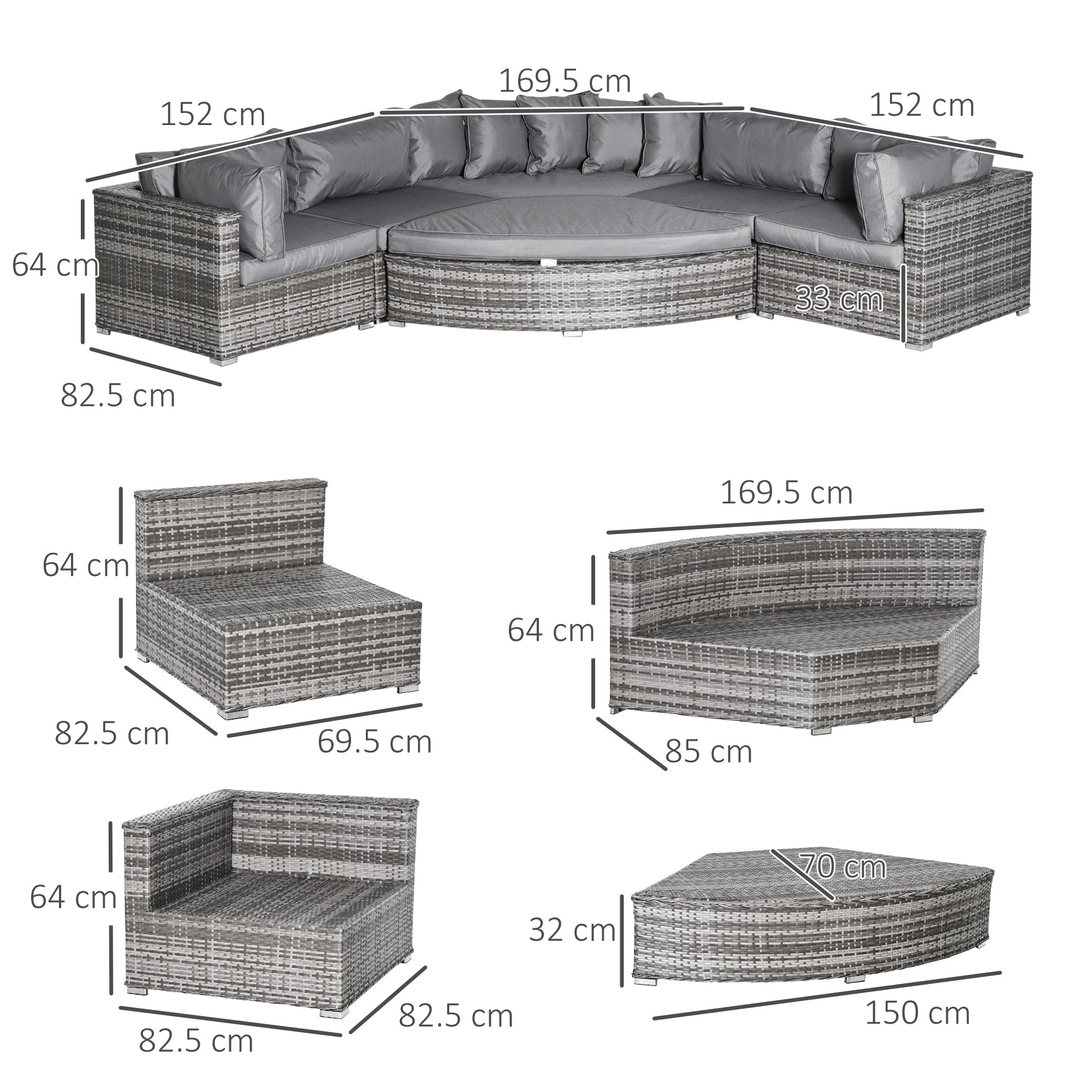 Outsunny 6-Seater Outdoor Rattan Wicker Sofa Set Half Round Patio Conversation Furniture Set w/ Cushions Grey | Aosom UK