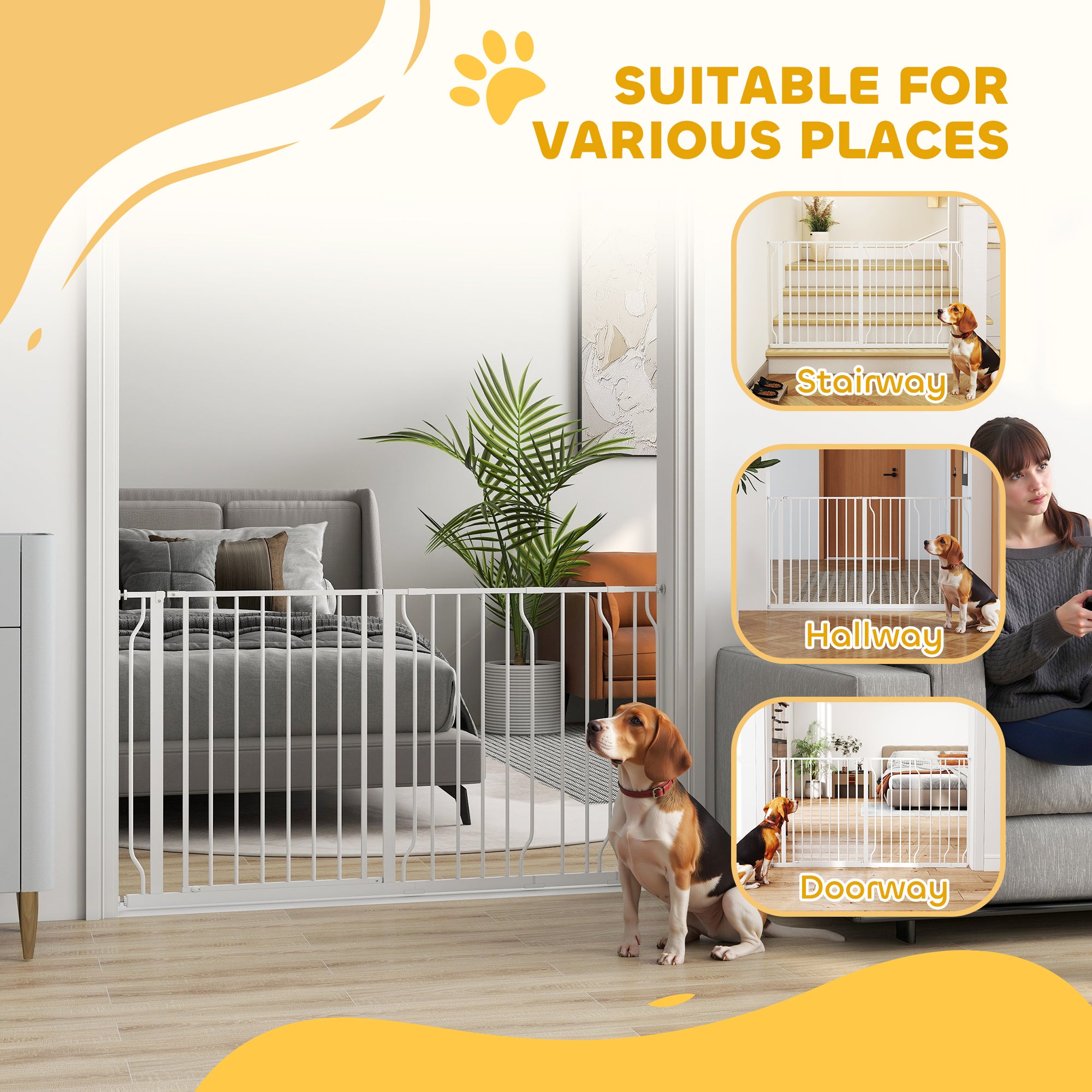PawHut Extra Wide Dog Safety Gate, with Door Pressure, for Doorways, Hallways, Staircases - White - North Peak Garden Furniture