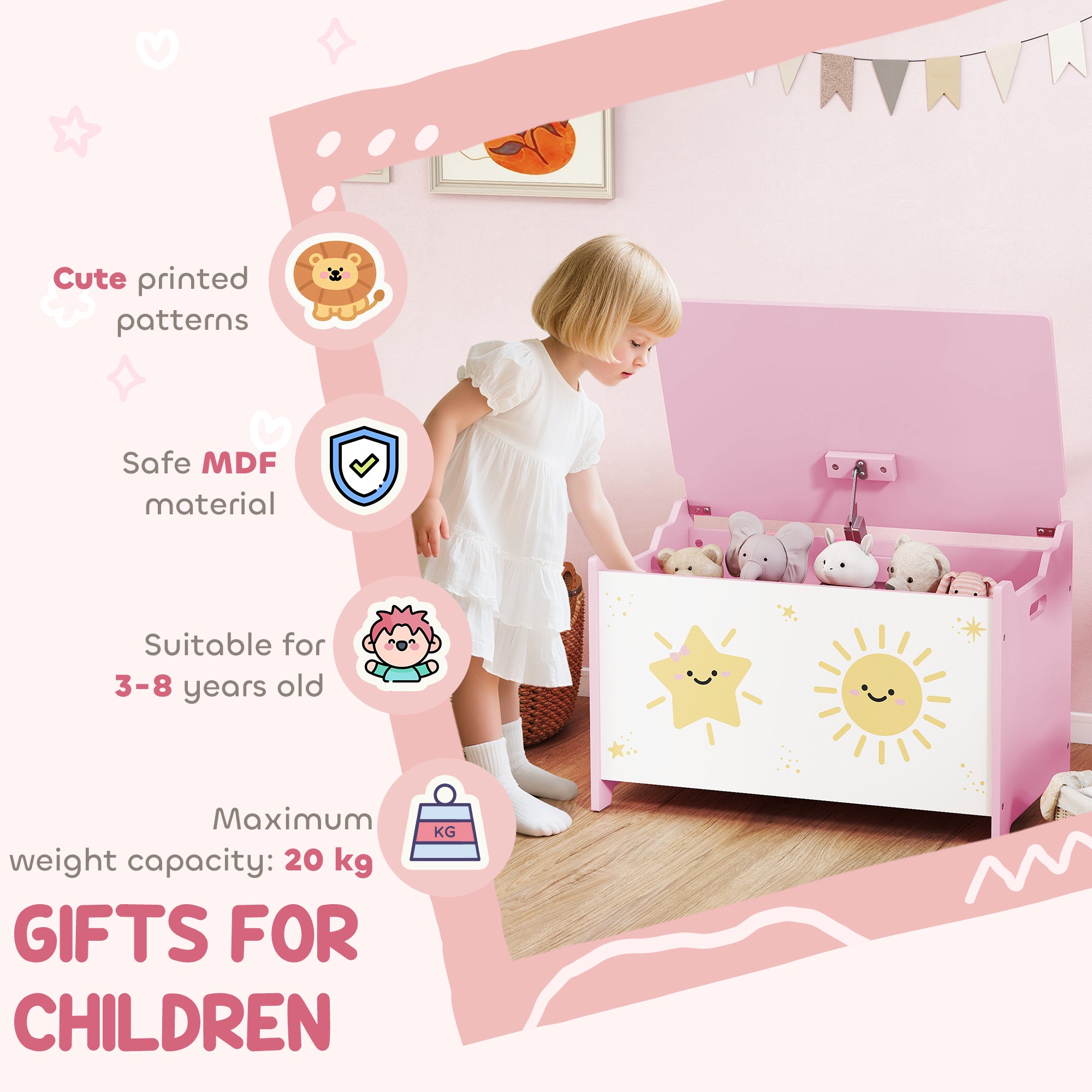 AIYAPLAY Toy Box with Lid, Safety Hinges and Groove Handles, Toy Storage organiser for Kids, Living Room, Playroom, Pink