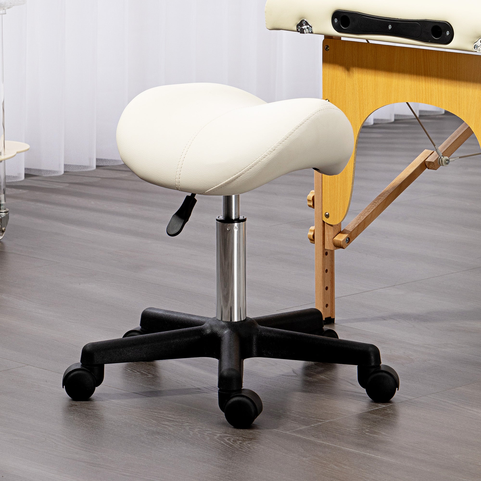 HOMCOM Saddle Stool, PU Leather Adjustable Rolling Salon Chair with Steel Frame for Massage, Spa, Beauty and Tattoo, White - North Peak Garden Furniture