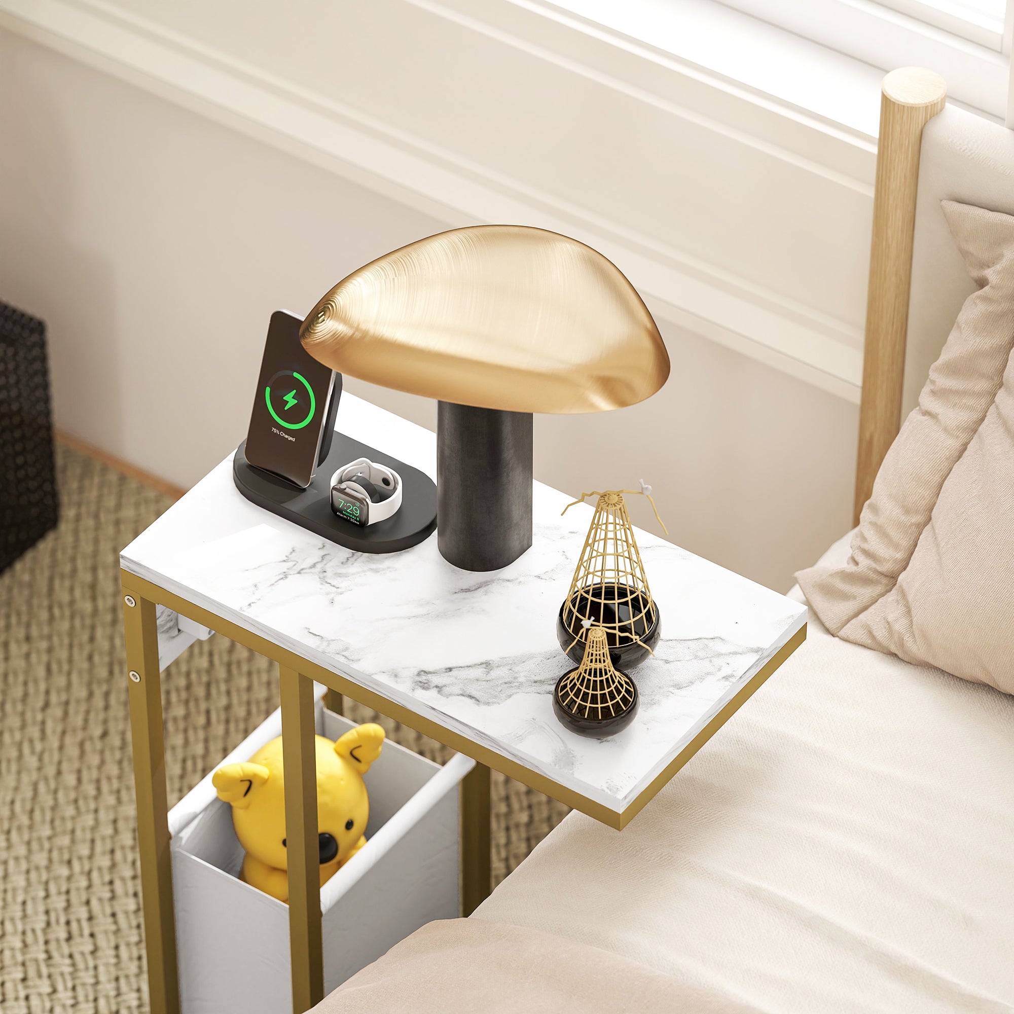 HOMCOM C Shaped Side Table with Charging Station and Faux Marble Top - White - North Peak Garden Furniture