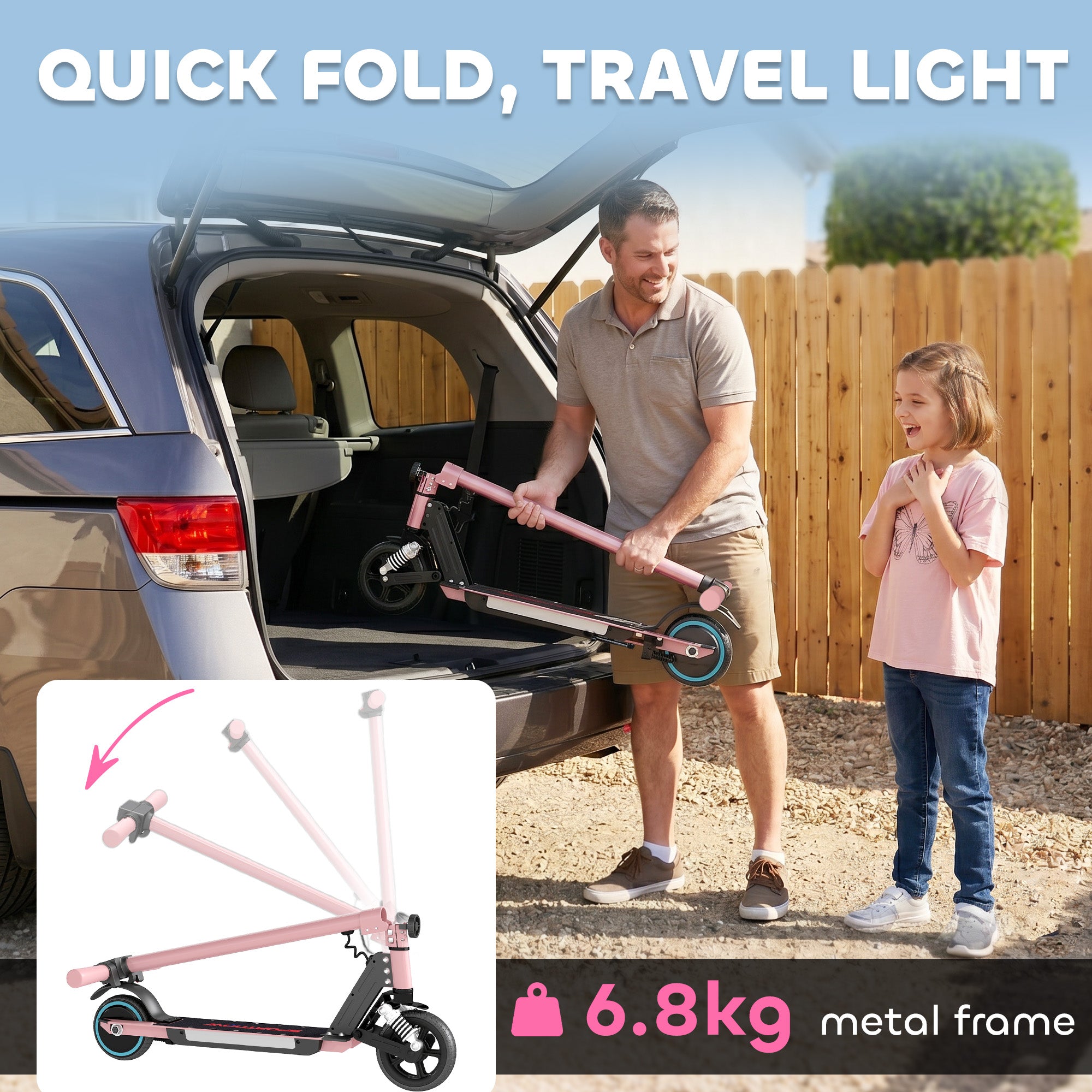 SPORTNOW Folding Electric Scooter for Kids Age 6-14 with Dual Brakes, Front Suspension, LED Colourful Lights and Display, 6.8kg Lightweight Aluminium E Scooter, Up to 14 KM/H & 6 KM, Pink