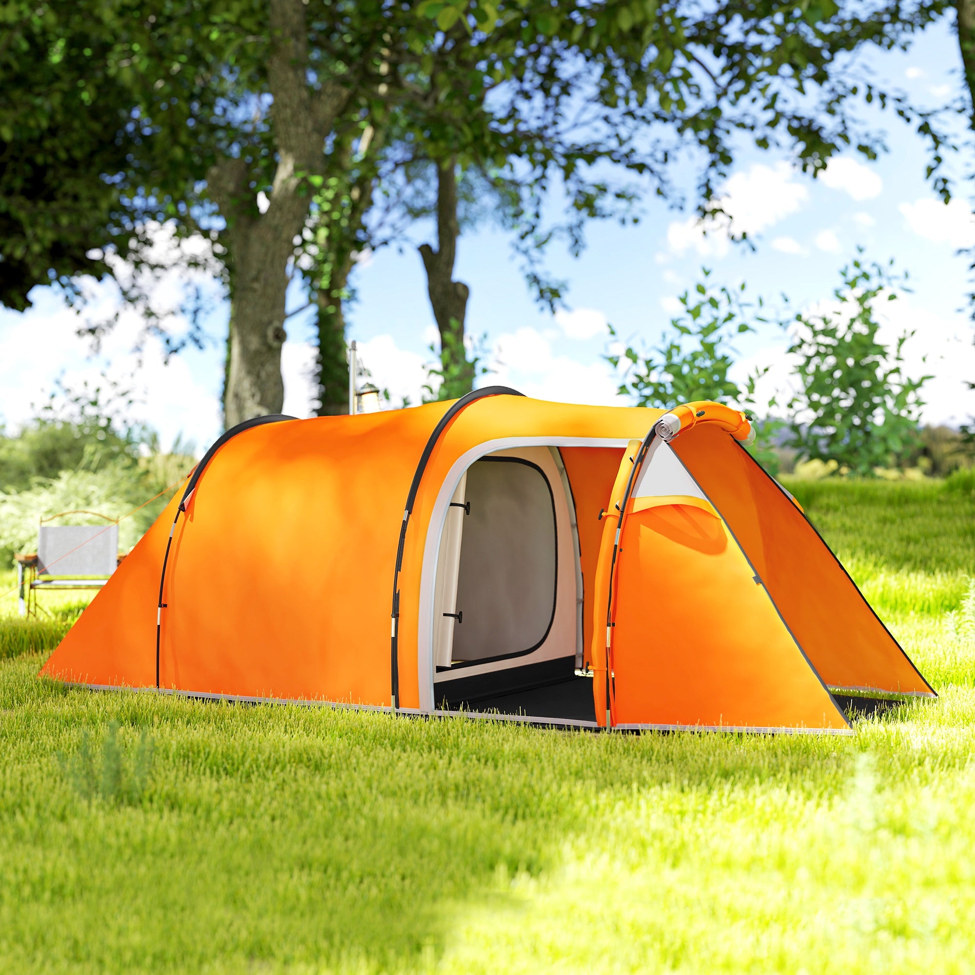 Outsunny 2-3 Man Tunnel Tents w/ Vestibule Camping Tent Porch Air Vents Weather-Resistant Shelter, Orange - North Peak Garden Furniture