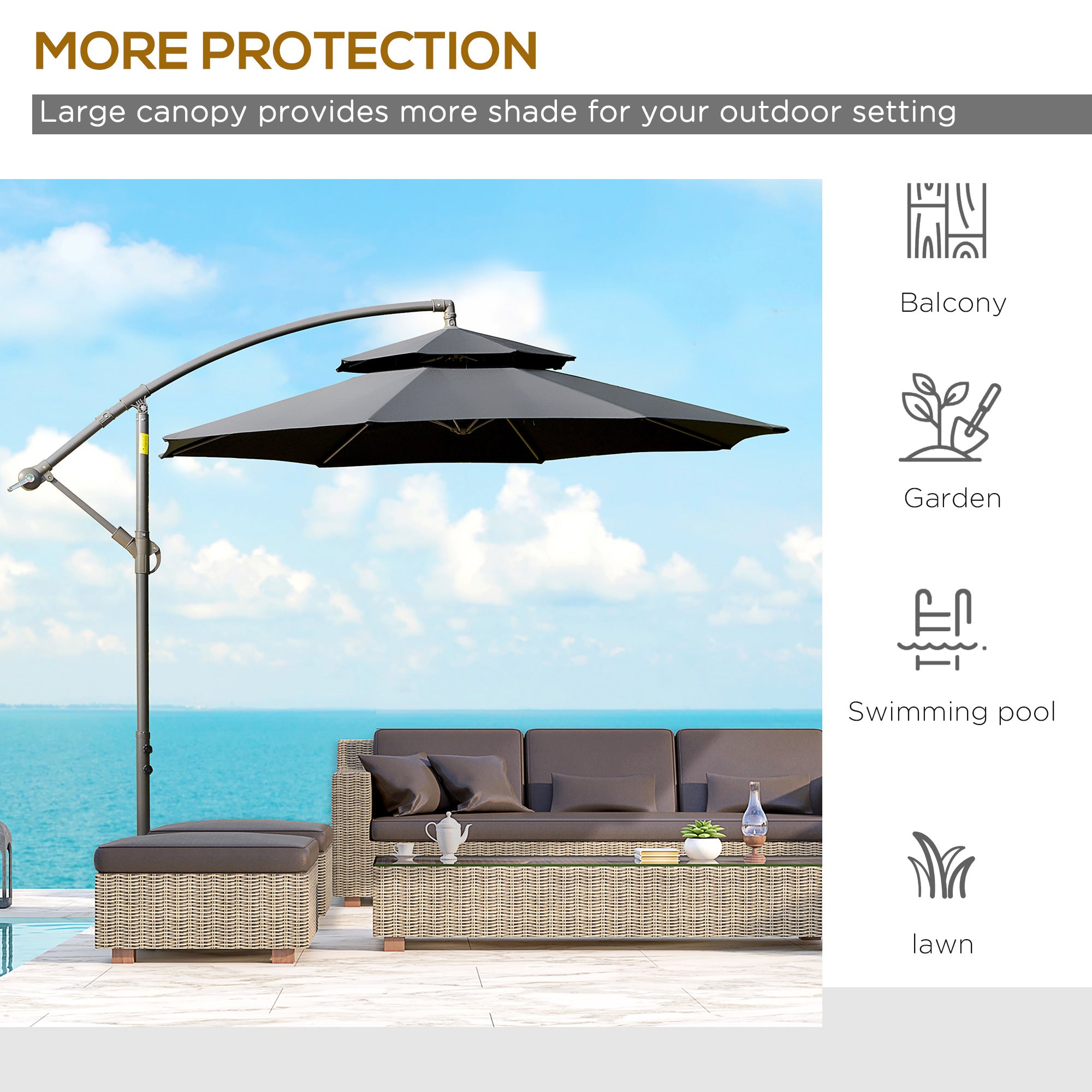 Outsunny 2.7m Banana Parasol Cantilever Umbrella with Crank Handle, Double Tier Canopy and Cross Base for Outdoor, Hanging Sun Shade, Black - North Peak Garden Furniture