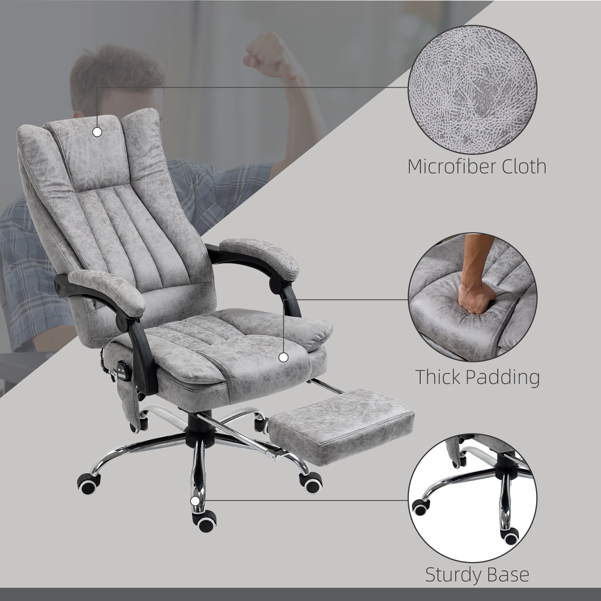 Vinsetto Office Chair with Massage and Heat, Microfibre Reclining Computer Desk Chair with Footrest and Adjustable Height, Swivel Wheels for Home Office, Grey - North Peak Garden Furniture