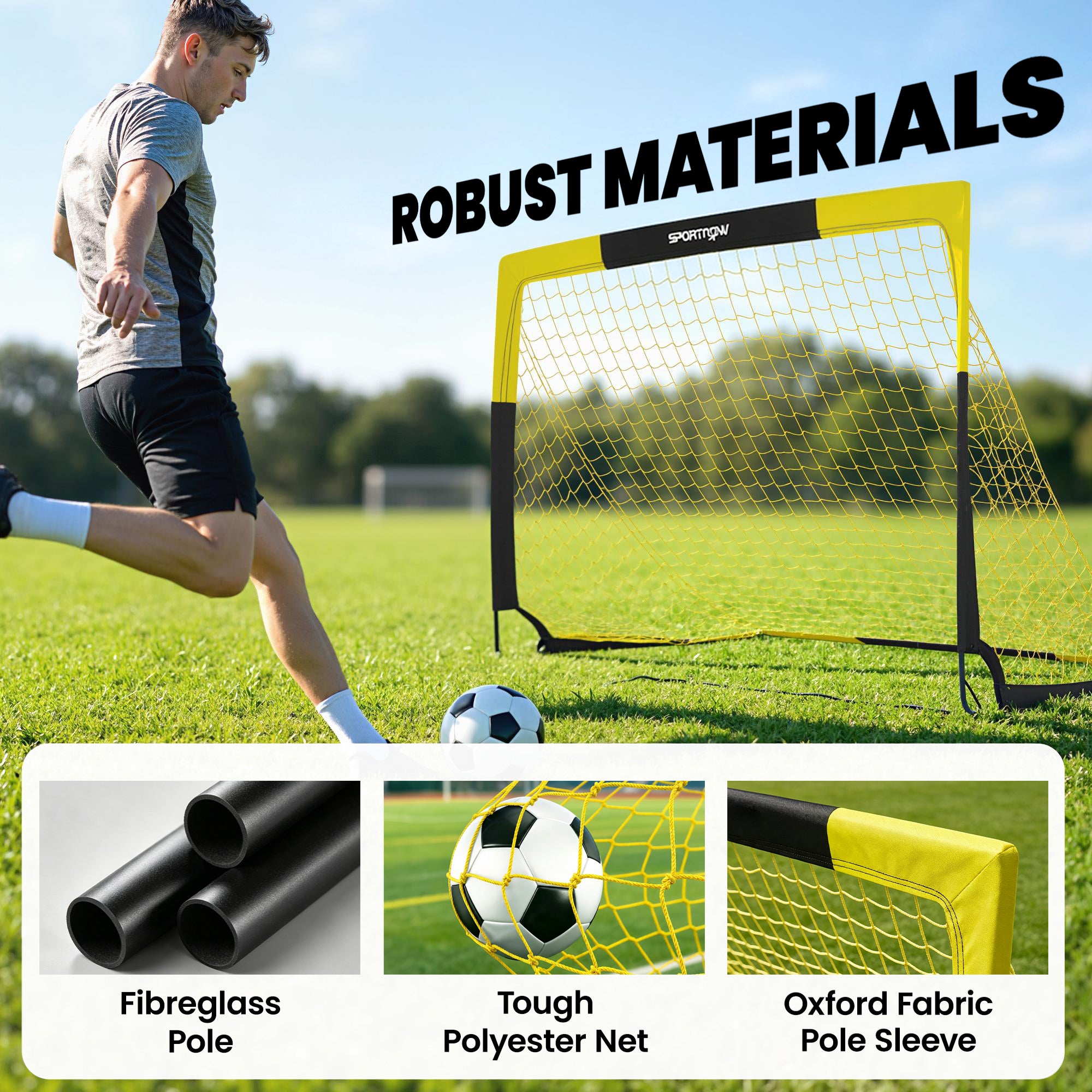 SPORTNOW Set of 2 Pop Up Football Goal, Portable Folding Football Net with Carry Bag, 8 U-Shaped Ground Stakes, Fibreglass Pole