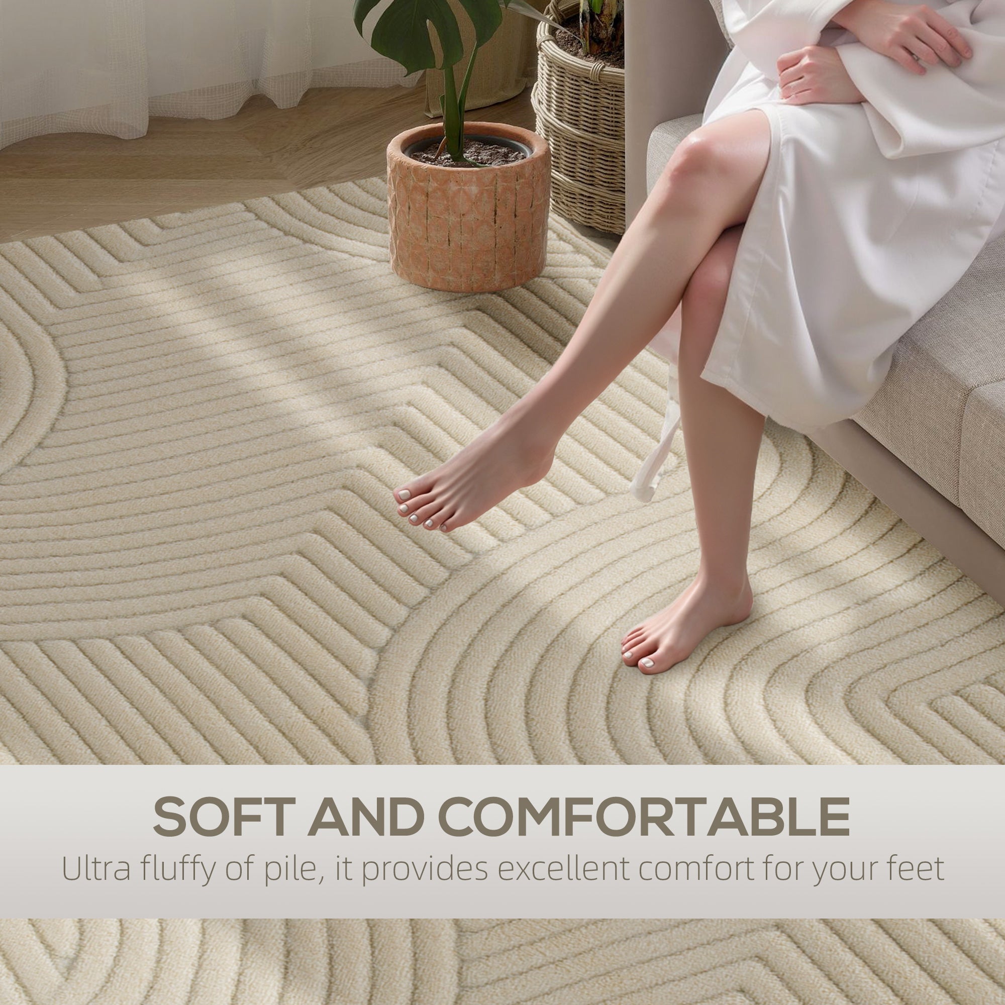 HOMCOM Modern Geometric Rug, Thick & Plush, Non-Slip, 160 x 120 cm – Cream, Living Room/Bedroom/Office
