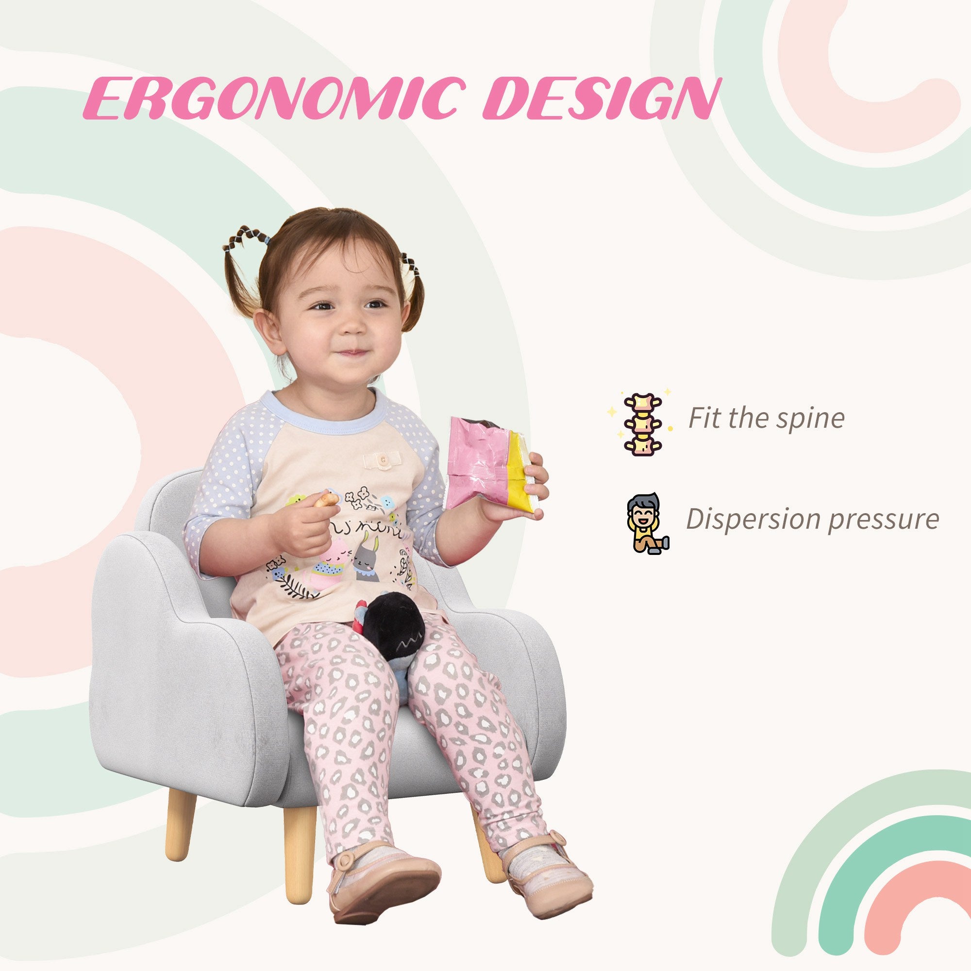 ZONEKIZ Kids Armchair Toddler Sofa Children Chair with Arm Rest, Wooden Frame, Velvet, PP Legs, Cloud Shape, for Ages 1.5-3 Years - Grey - North Peak Garden Furniture