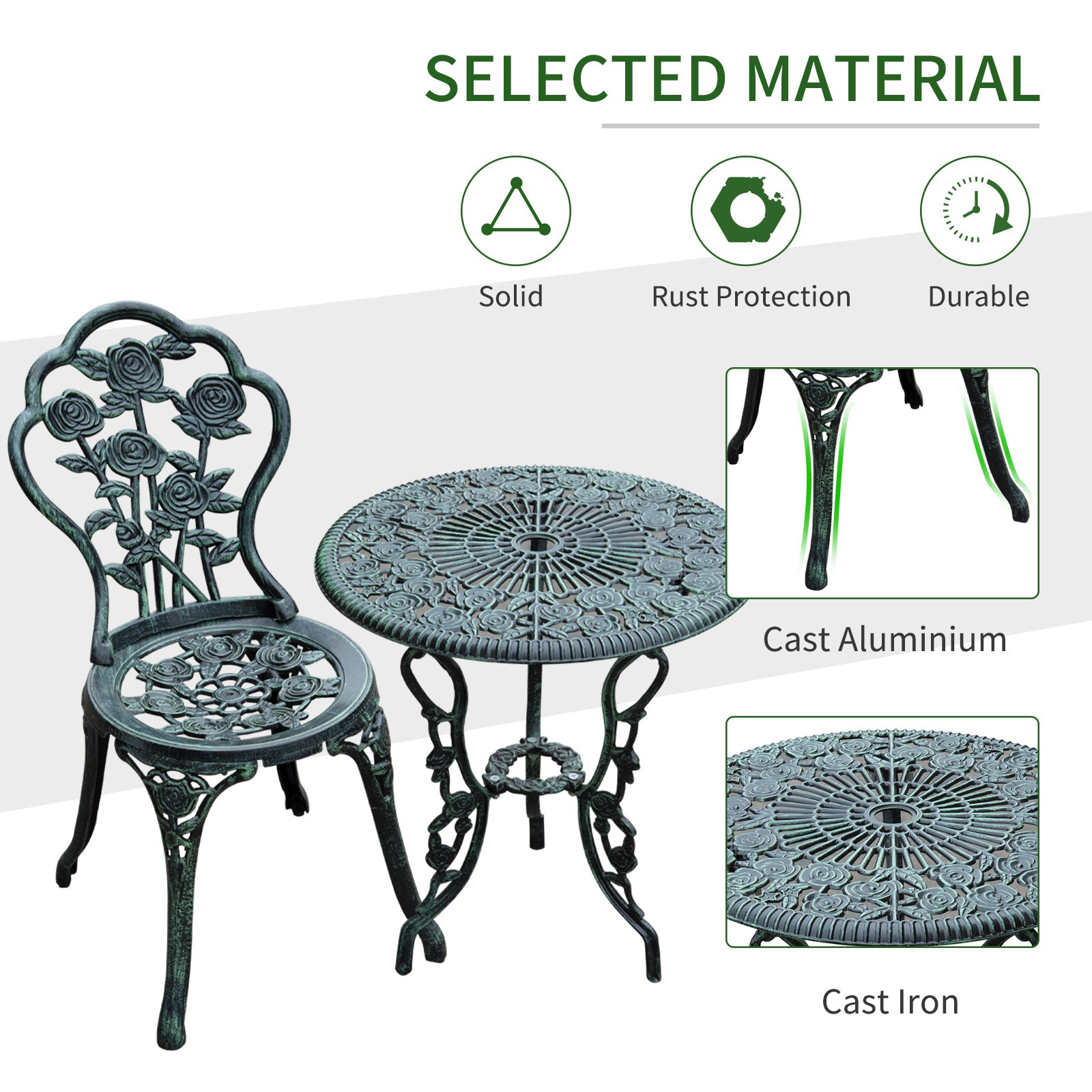 Outsunny Cast Aluminium Outdoor Patio Garden Bistro Elegant Design Table Chair Set - Green (3-Piece) - North Peak Garden Furniture