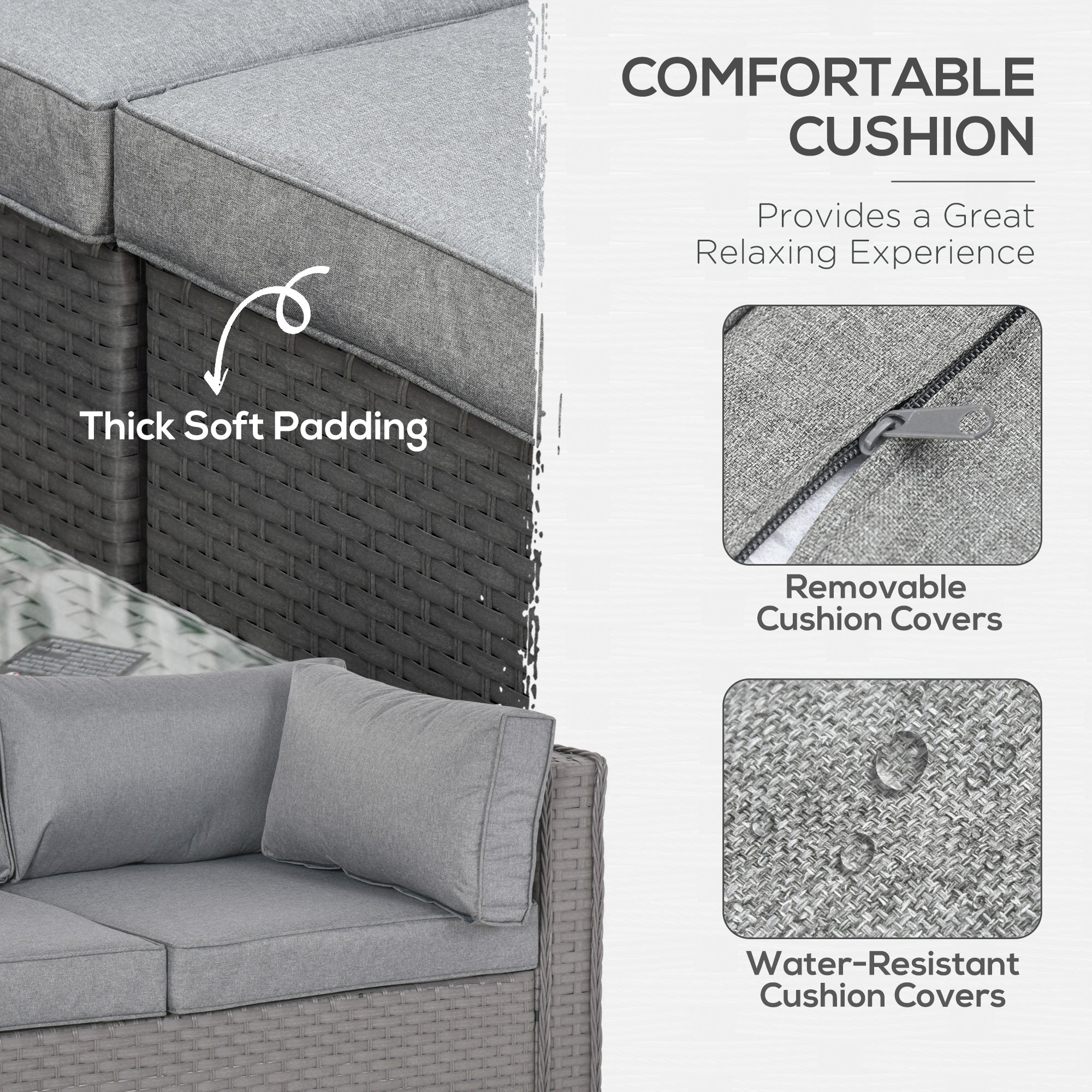 Outsunny 6 Pieces Outdoor PE Rattan Wicker Corner Sofa Set with 10cm Thick Padded Cushions, Aluminium Conservatory Furniture with Glass Top Coffee Table, Footstools, Grey - North Peak Garden Furniture