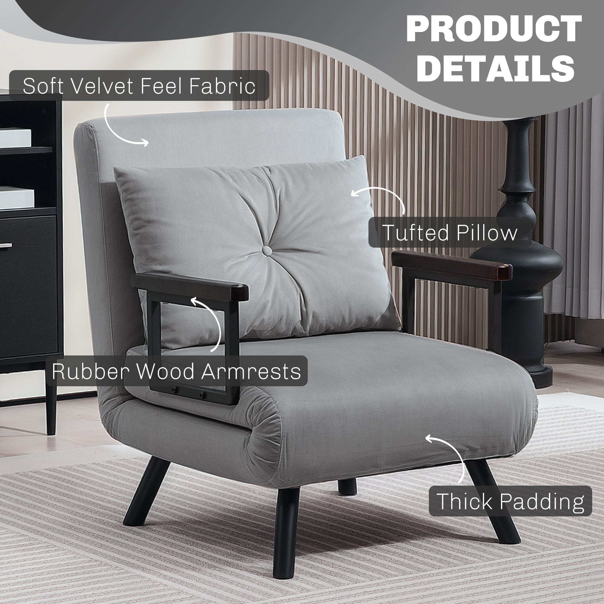 HOMCOM 4-in-1 Velvet-Feel Single Chair Bed, with Pillow - Light Grey - North Peak Garden Furniture