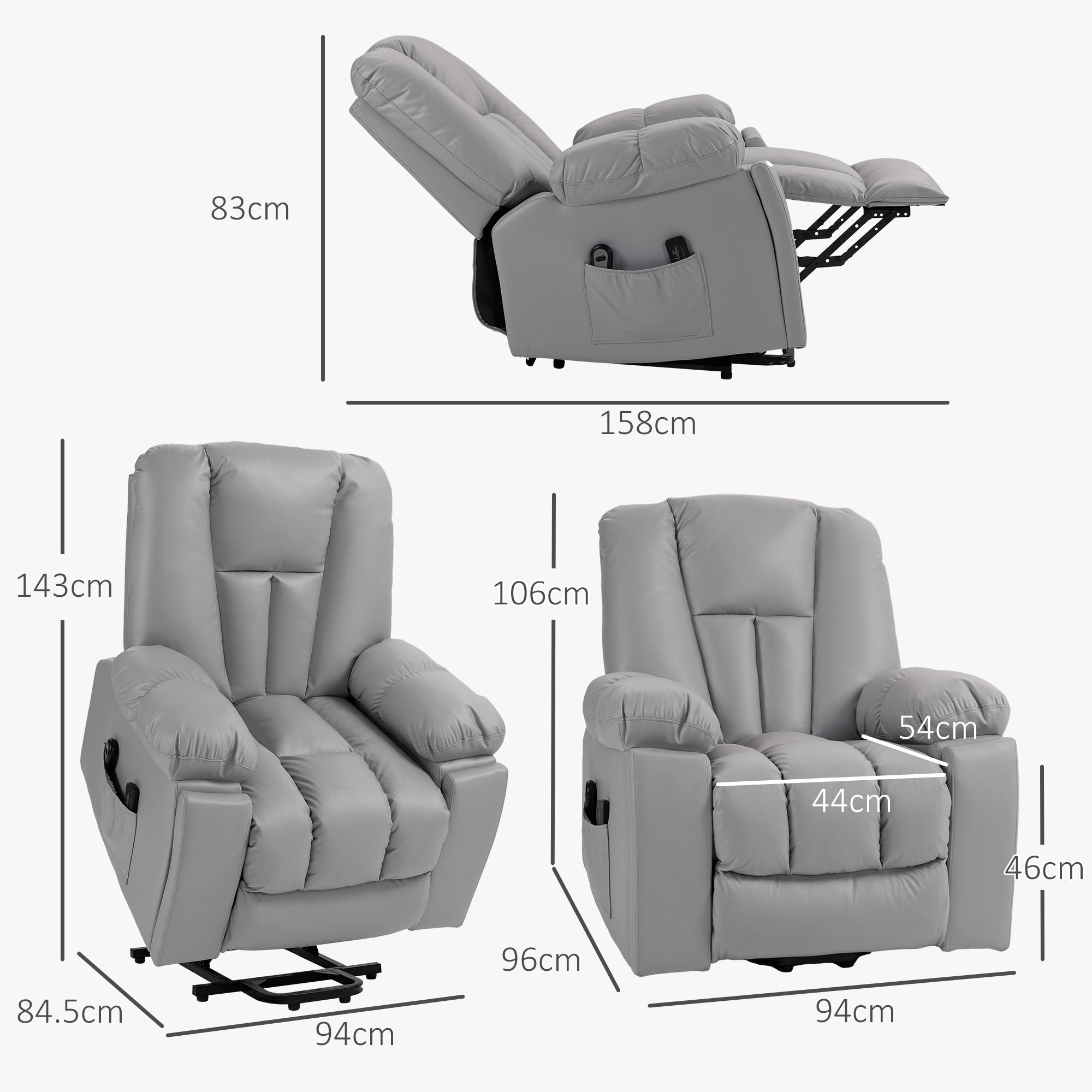 HOMCOM Leathaire Eight Massage Point Armchair, with Reclining Back - Charcoal Grey - North Peak Garden Furniture
