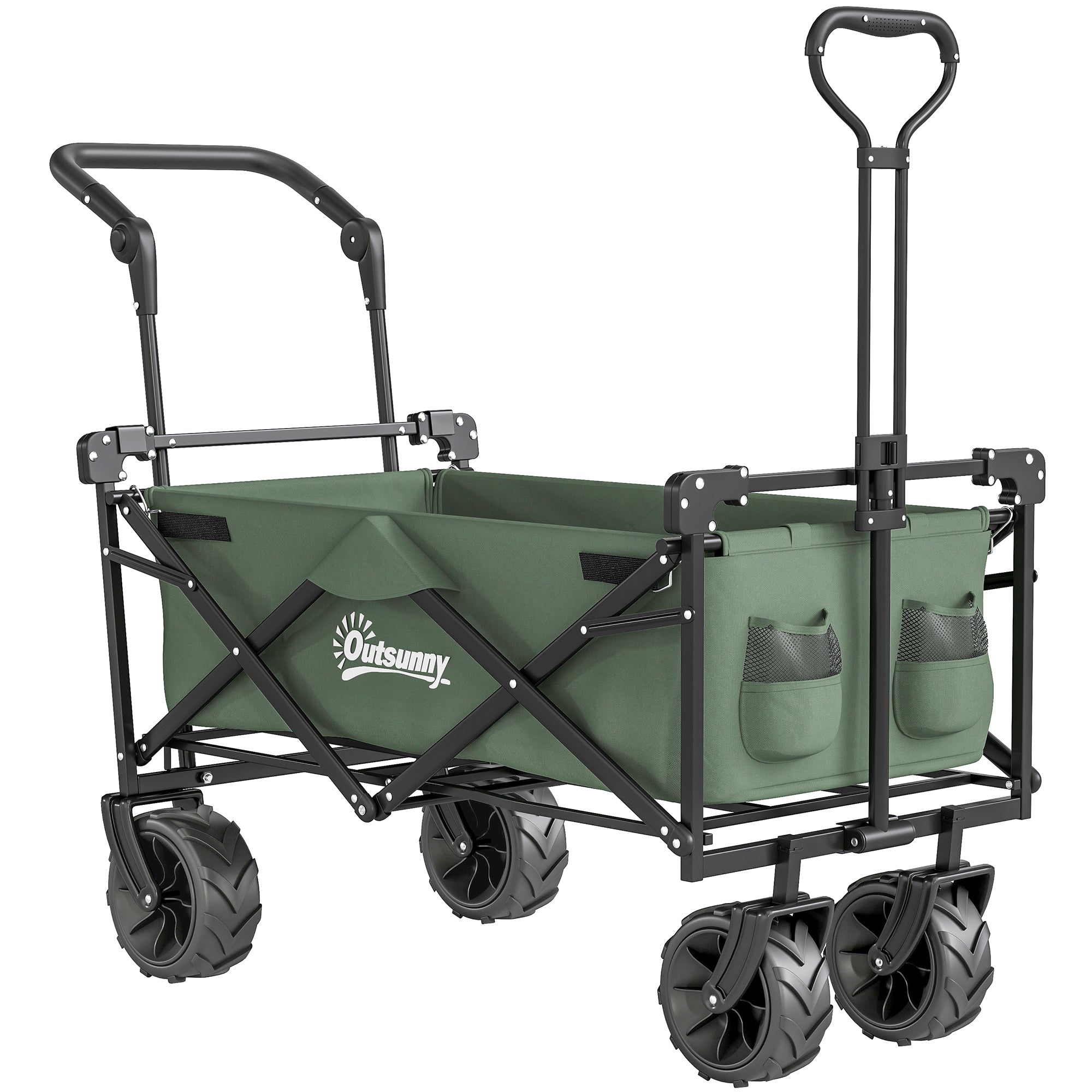 Outsunny Folding Trolley Cart Storage Wagon Beach Trailer 4 Wheels with Handle Overhead Canopy Cart Push Pull for Camping, Green - North Peak Garden Furniture
