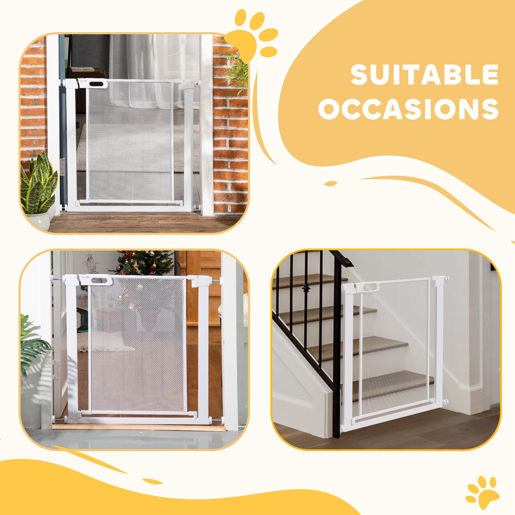 PawHut Pet Safety Gate, for Doorways, Staircases, Hallways, with 75-82cm Adjustable Width - White - North Peak Garden Furniture