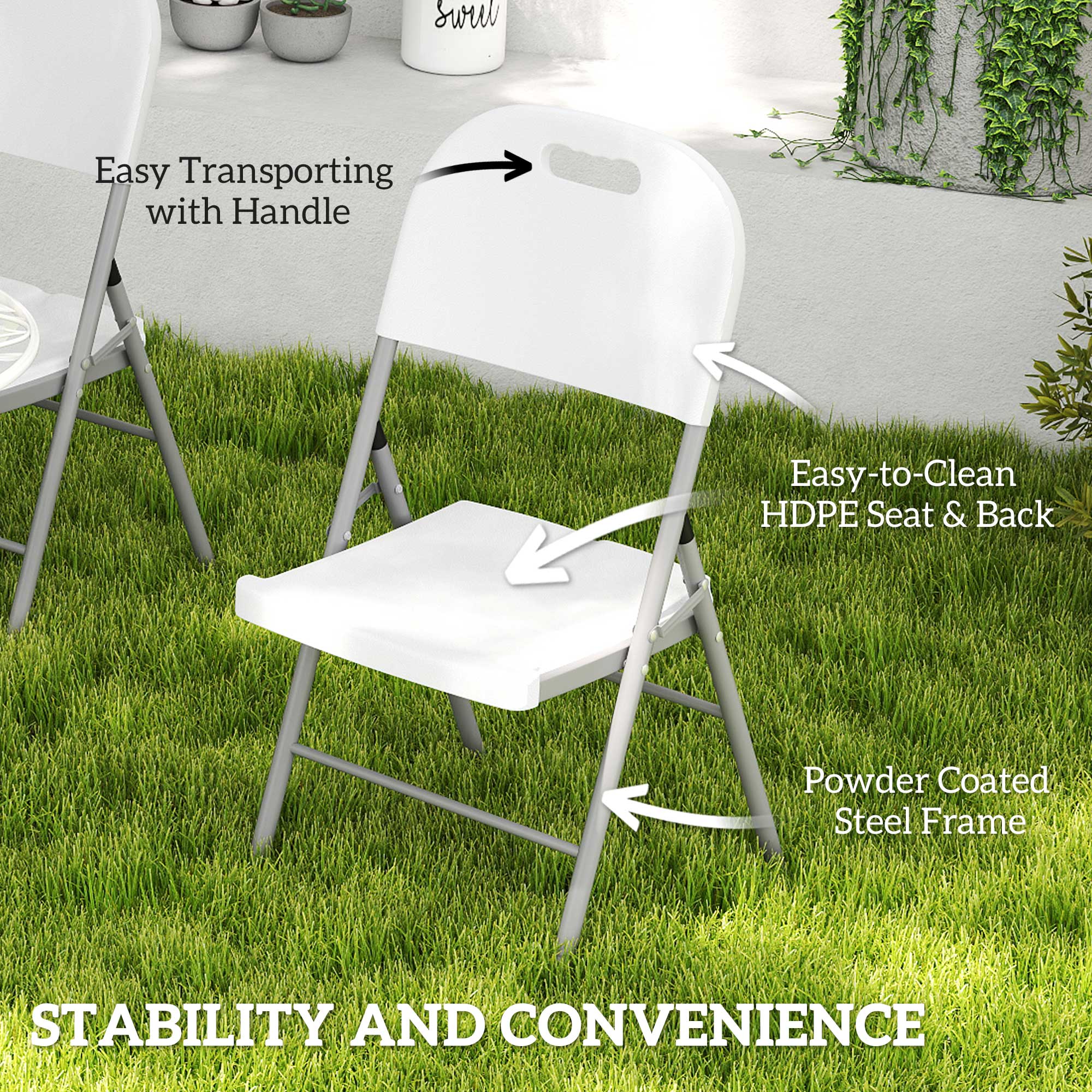 Outsunny Folding Chair Set of 4 with Steel Frame, Outdoor Chair Set with HDPE Backrest, Seat and Handles for Mobility, Garden Chair Set for Patio Deck Balcony, White - North Peak Garden Furniture
