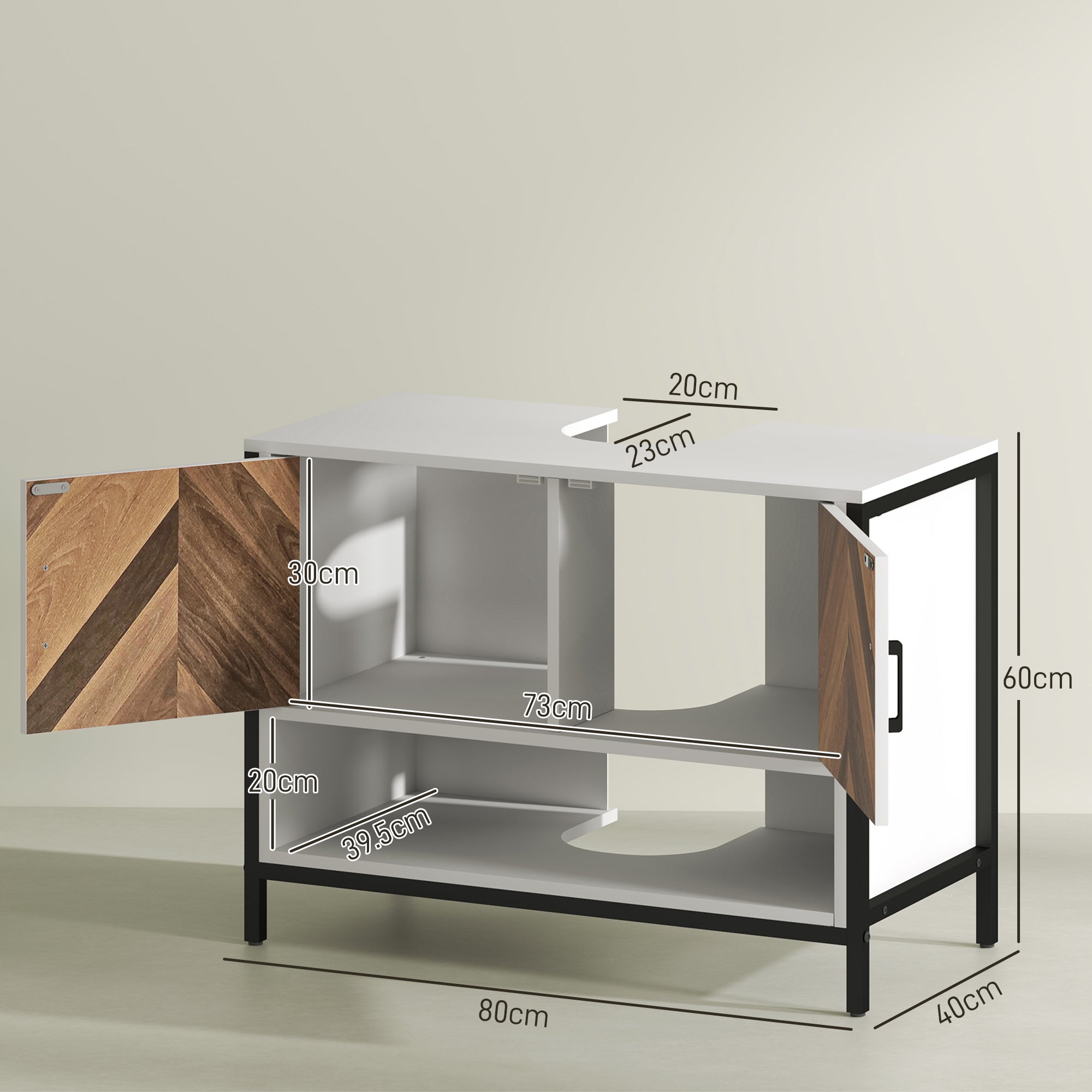 HOMCOM Under Sink Bathroom Cabinet, Rustic Under Sink Cabinet with Herringbone Doors and Open Compartment for Basin with or without Pedestal, 80 x 40 x 60cm, Cream White - North Peak Garden Furniture