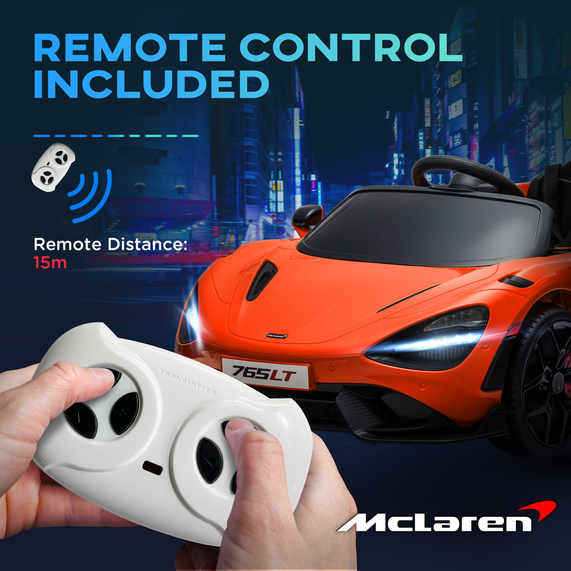 AIYAPLAY McLaren 765LT Licensed 12V Kids Electric Ride on Car with Butterfly Doors Remote Control Transport Wheels Orange - North Peak Garden Furniture