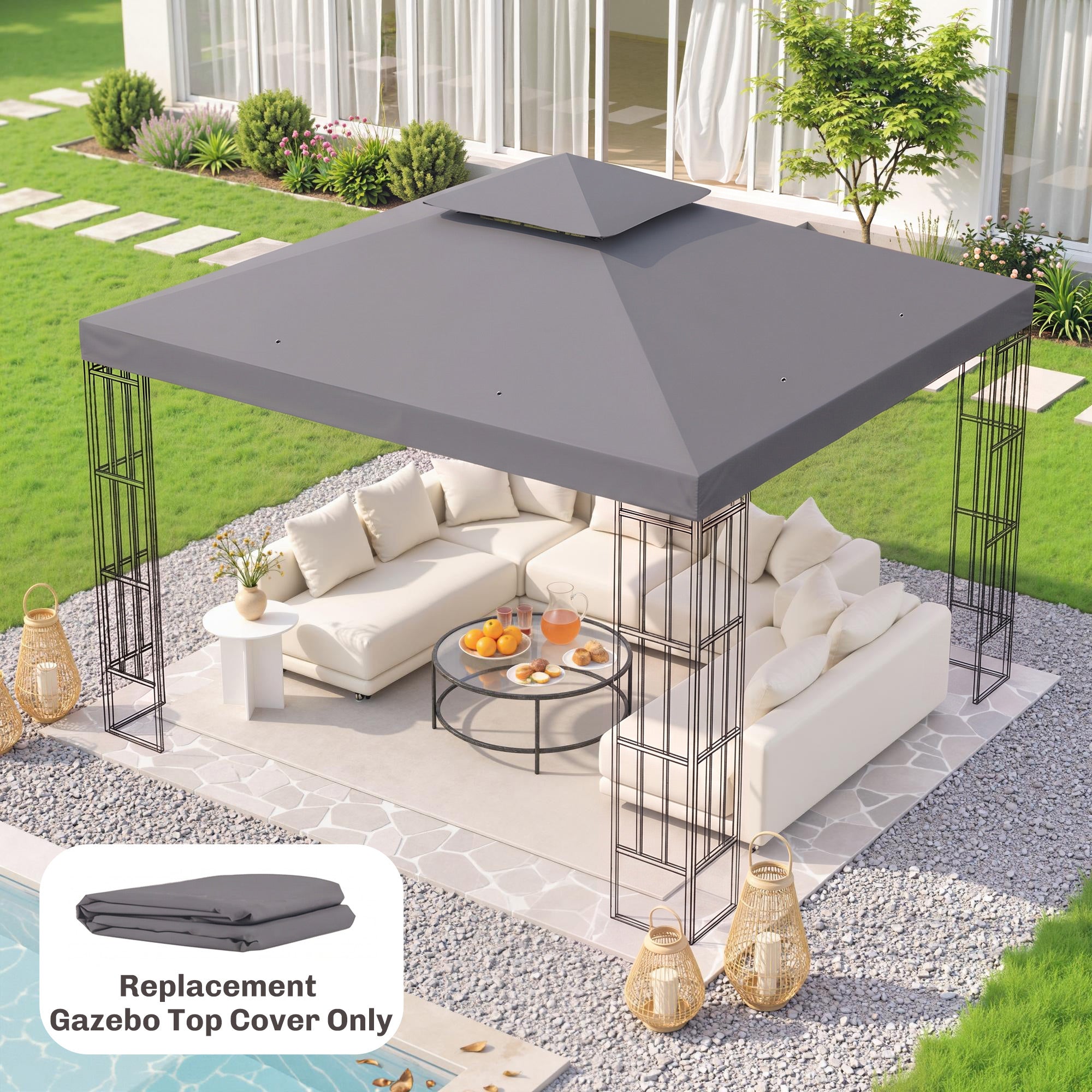 Outsunny 3(m) Gazebo Top Cover Double Tier Canopy Replacement Pavilion Roof Deep Grey