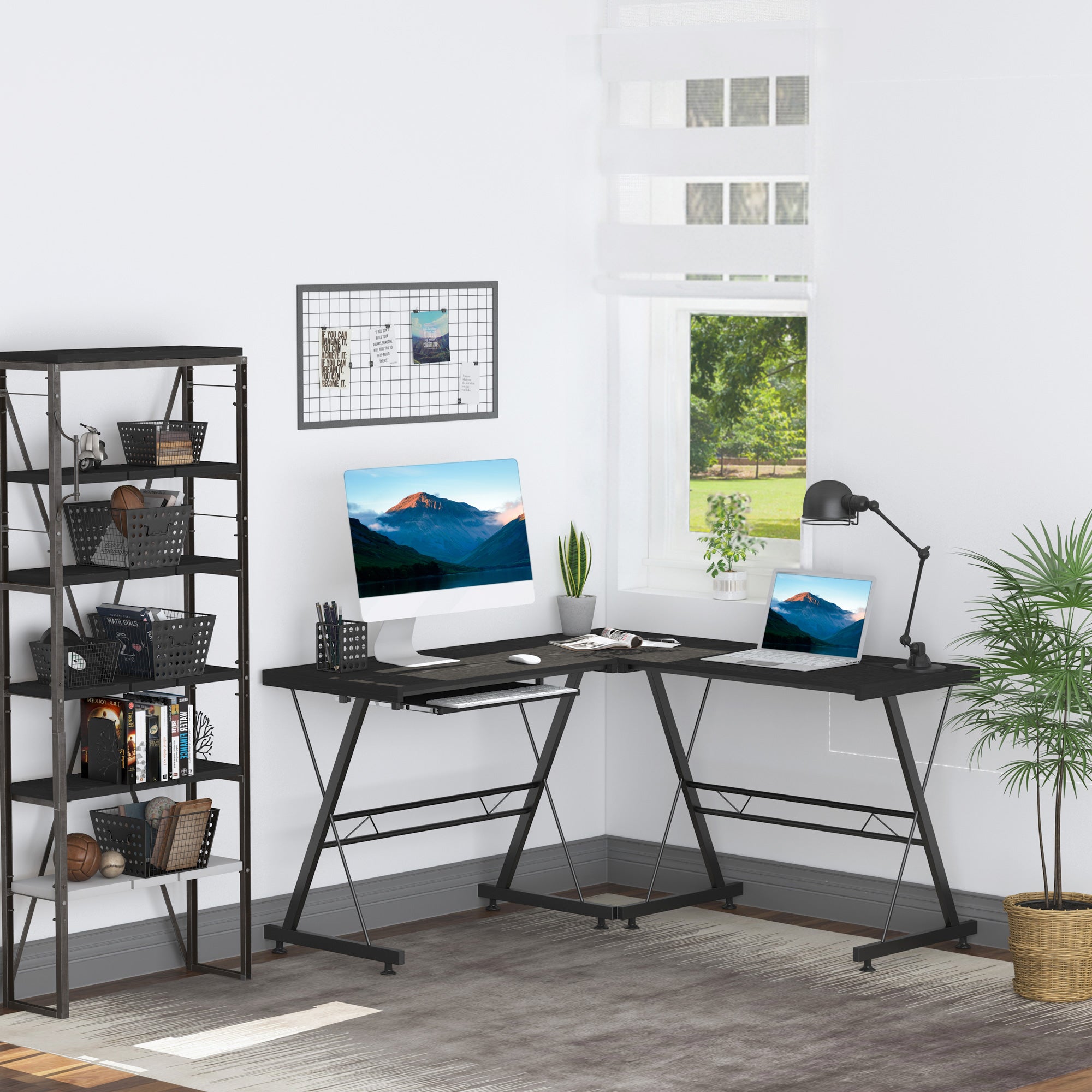 HOMCOM L Shaped Gaming Desk, Corner Computer Desk with Keyboard Tray, Work Table for Home Office, Study Workstation, 130 x 130 x 73.5cm, Black - North Peak Garden Furniture