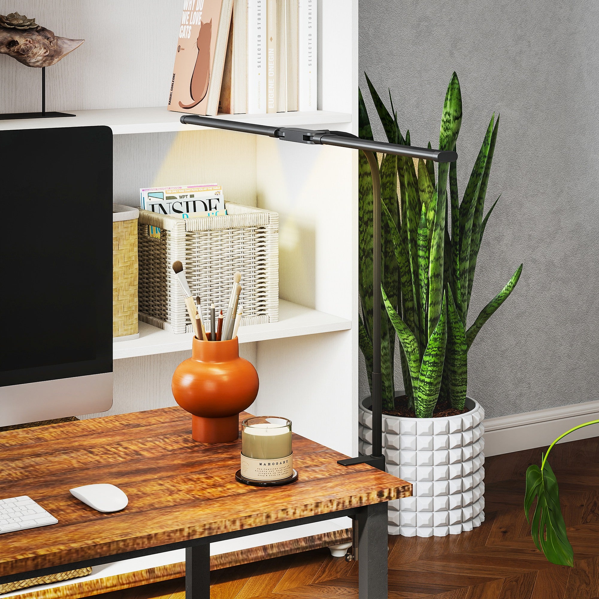 HOMCOM LED Desk Lamp with Clamp, Double Head Table Lamp with 3 Colour Modes & 10 Brightness Levels, Flexible Gooseneck Reading Desk Light with Timer and Memory Function for Study, Office, Work, Black - North Peak Garden Furniture