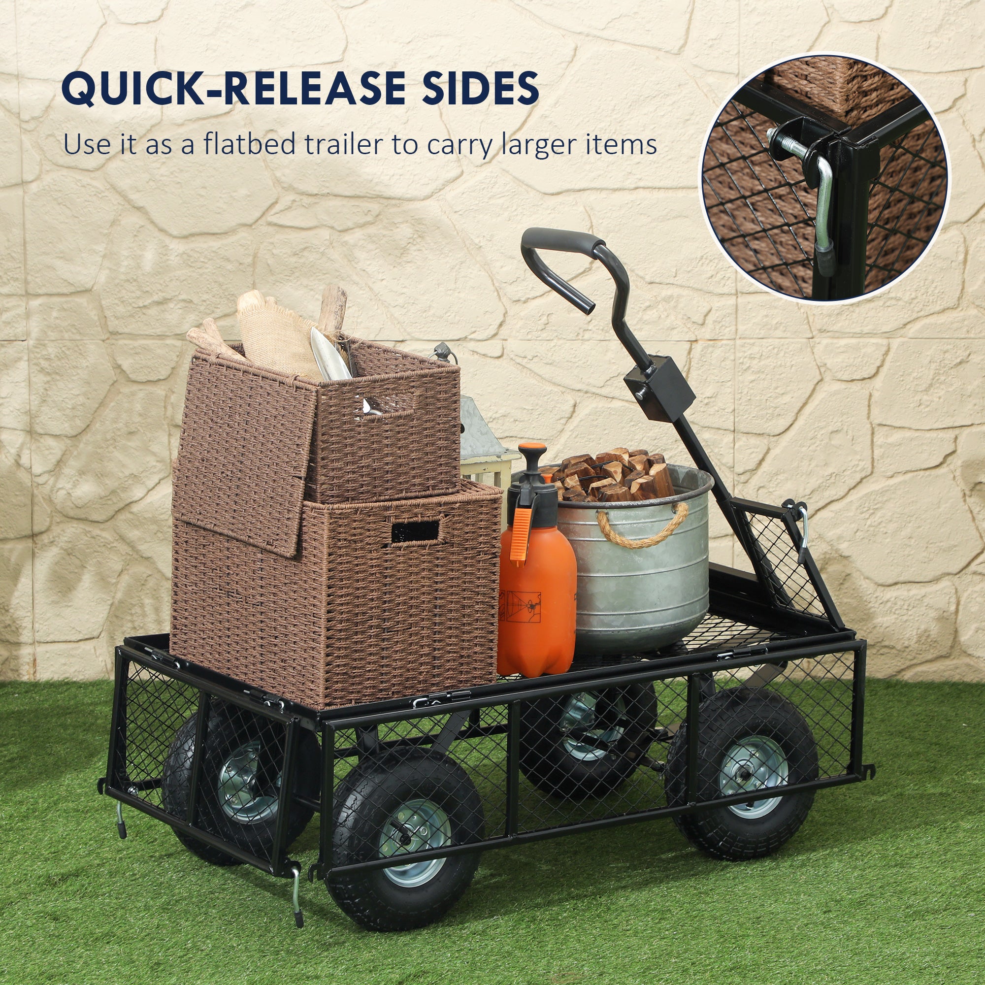 Outsunny 114L Steel Frame Garden Cart Trolley - Blue - North Peak Garden Furniture