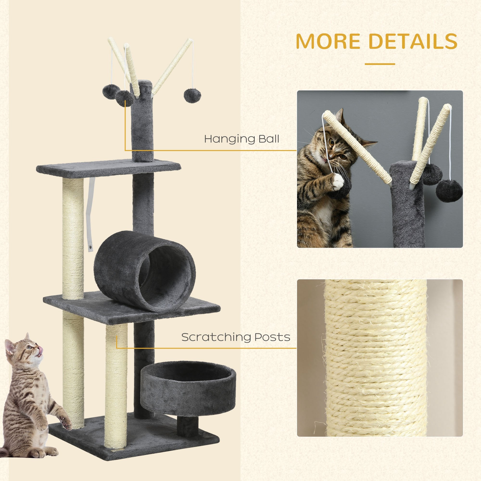 PawHut 121cm Cat Tree Tower for Indoor Cats Kitten Activity Centre Scratching Post with Bed Tunnel Perch Interactive Ball Toy Grey - North Peak Garden Furniture