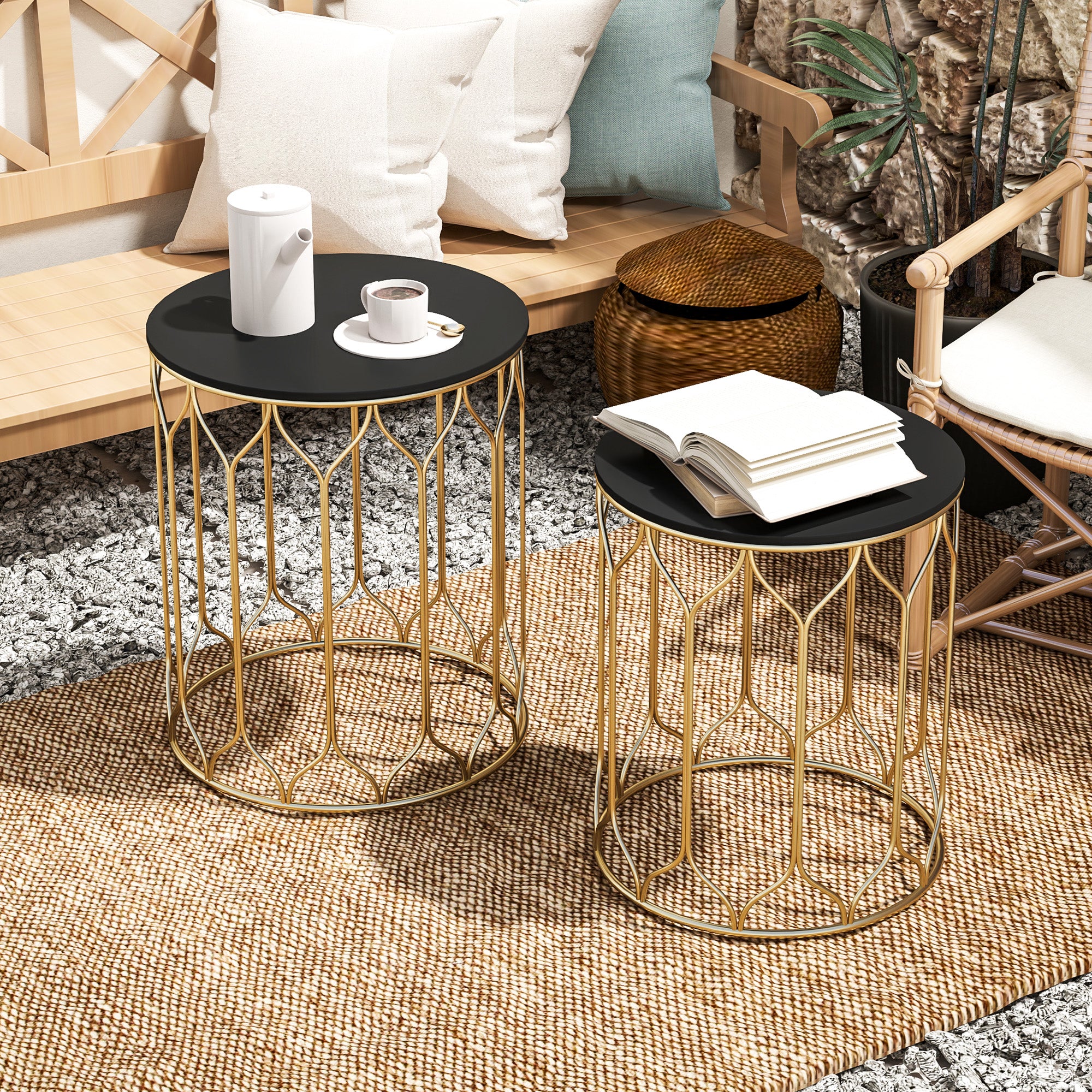 Outsunny Garden Side Table Set of 2, Nesting Tables with Ceramic Tile Top, Indoor Outdoor Small Garden Tables, Multifunctional End Tables with Metal Frame for Patio, Balcony, Porch, Black - North Peak Garden Furniture