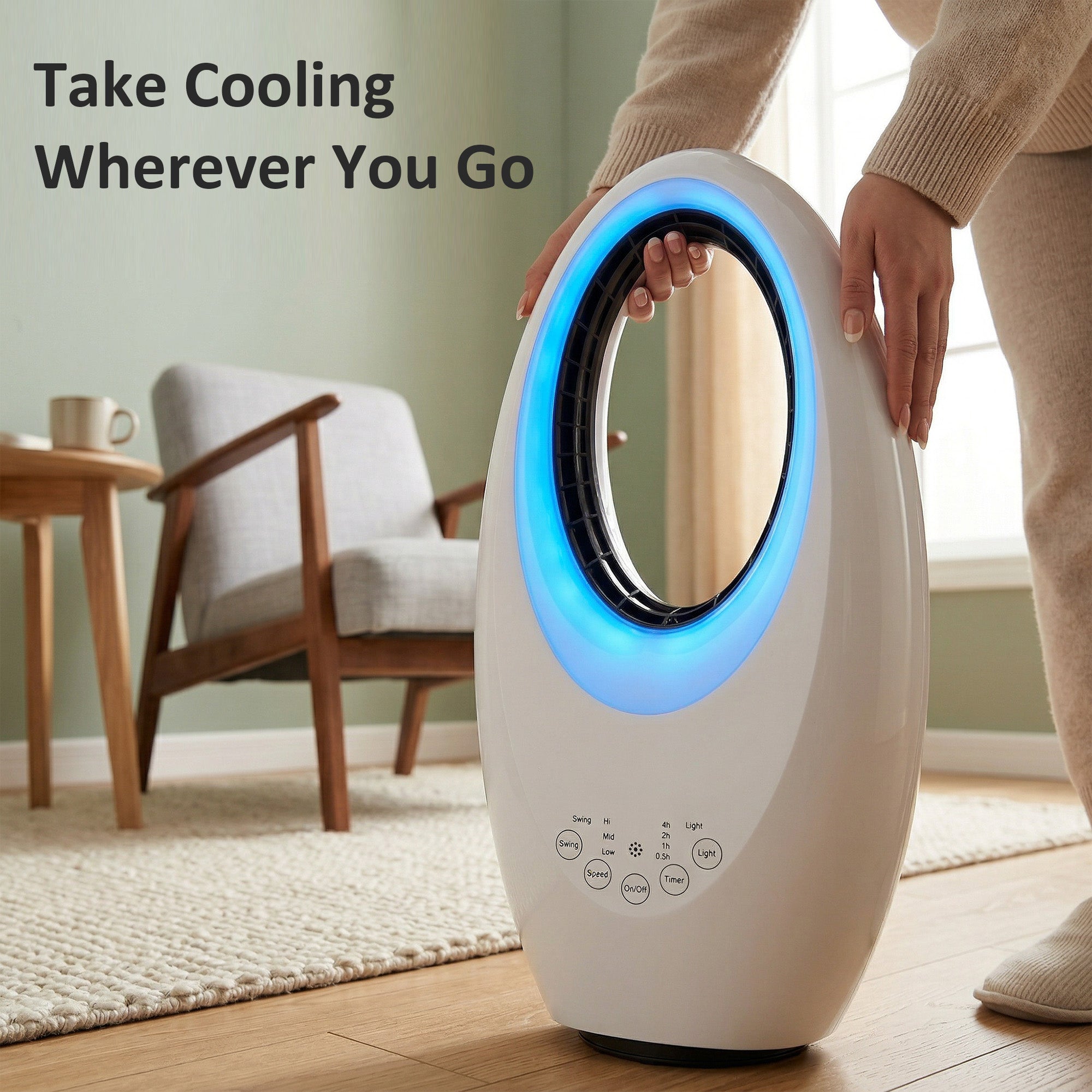 HOMCOM Bladeless Tower Fan, 36dB Standing Cooling Fan with 60° Oscillating, LED Lights, 3 Speeds, 7.5H Timer, Remote Control