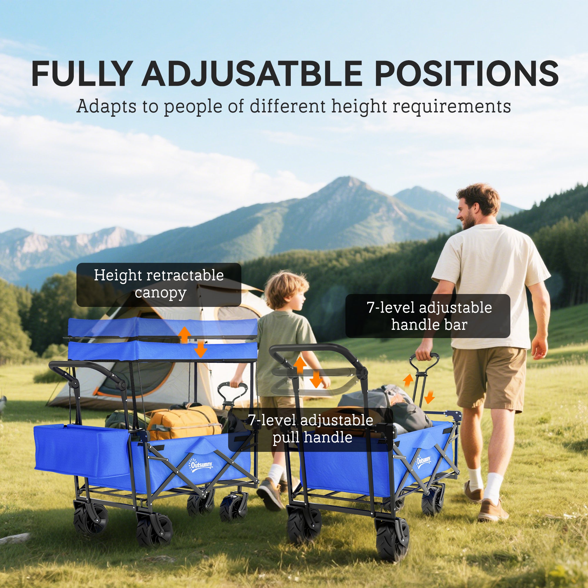 Outsunny Folding Trolley Cart Storage Wagon Beach Trailer 4 Wheels with Handle Overhead Canopy Cart Push Pull for Camping, Blue - North Peak Garden Furniture