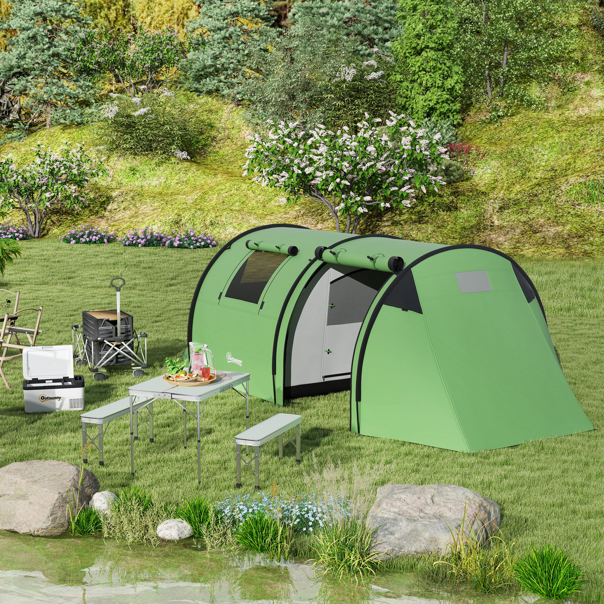 Outsunny Four Man Duo Room Tunnel Tent, with Accessories - Green - North Peak Garden Furniture
