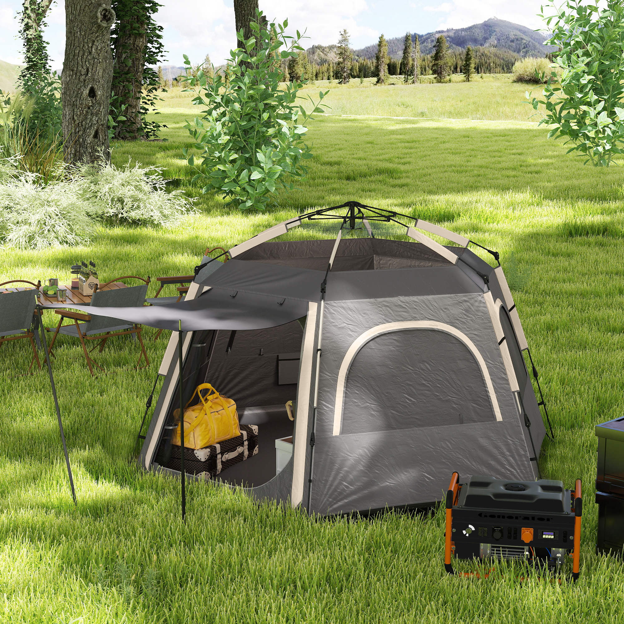 Outsunny Instant Camping Tent, 2/3/4 Person Easy Setup Family Tent with Vestibule, Rainfly, 4 Mesh Windows & 2 Doors, Hexagonal Design, Waterproof UV Protected Dome Tent, Dark Grey - North Peak Garden Furniture