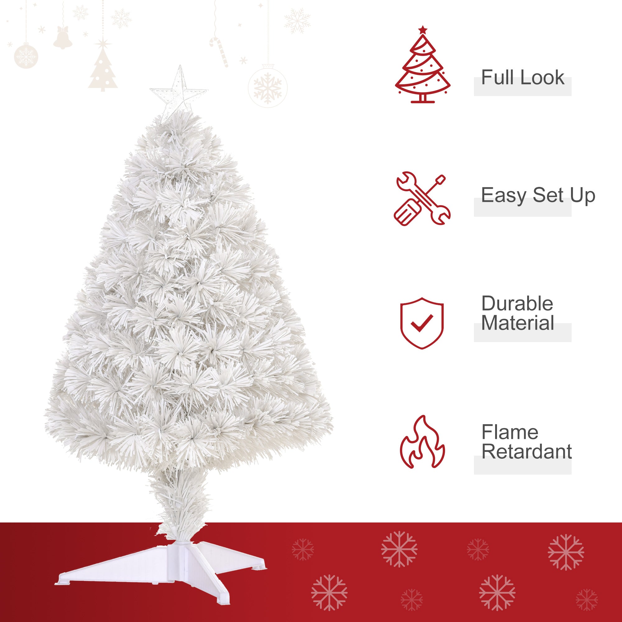 HOMCOM 2.5FT Prelit Artificial Tabletop Christmas Tree with Fibre Optics Holiday Home Xmas Decoration for Table and Desk, White - North Peak Garden Furniture